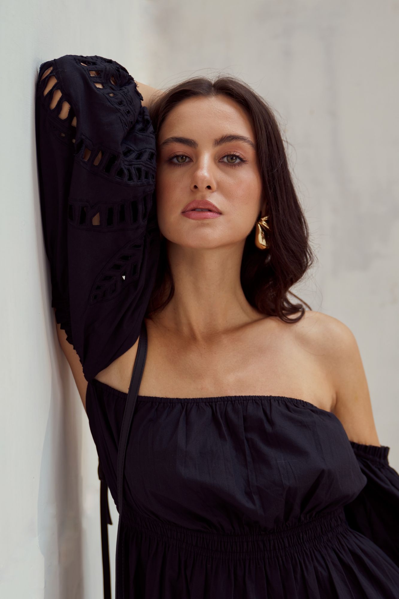 MALIBU-02 BLACK COTTON OFF SHOULDER TOP AND SHORTS CO-ORDINATE WITH CUTWORK EMBROIDERY