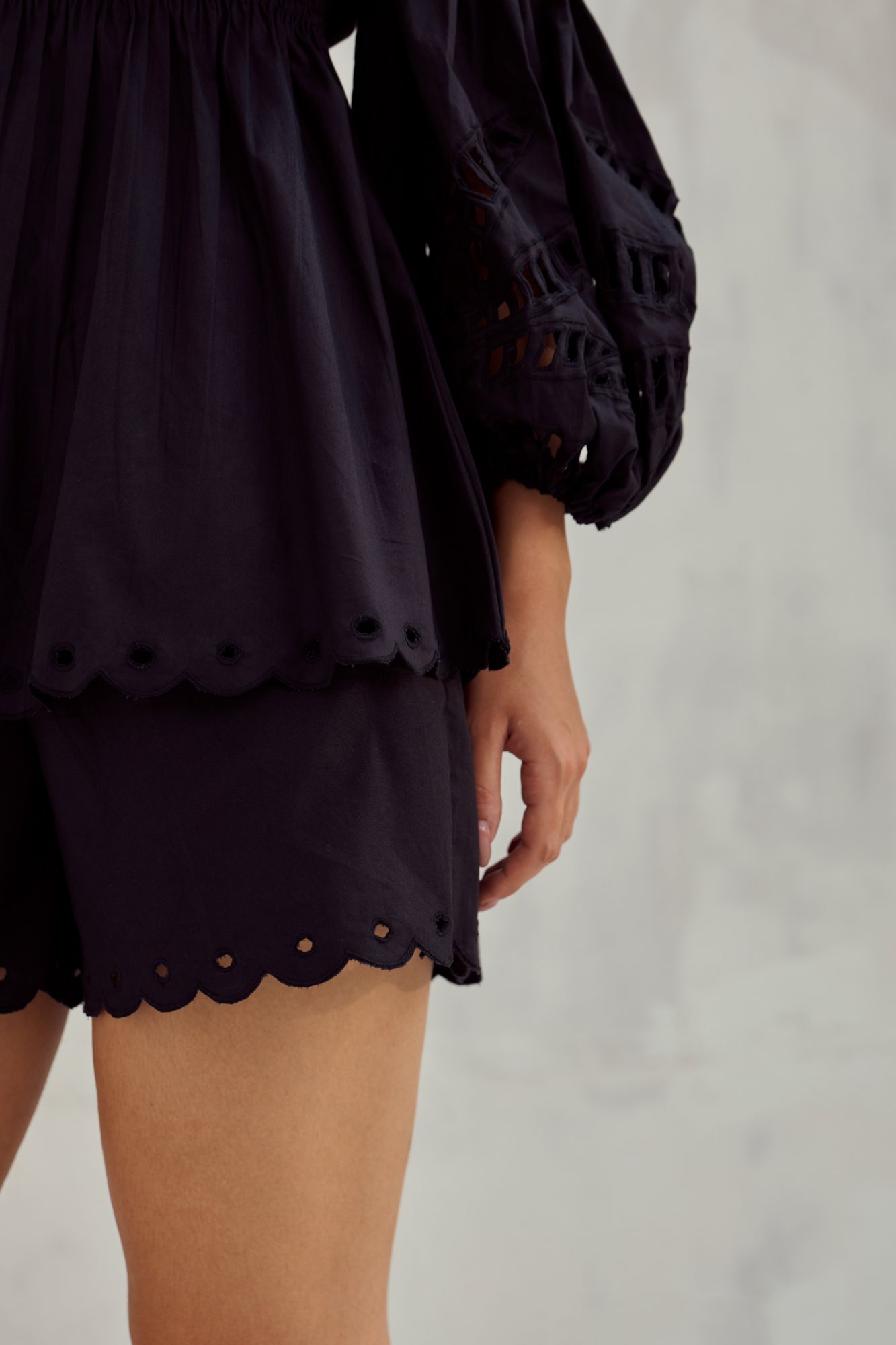 MALIBU-02 BLACK COTTON OFF SHOULDER TOP AND SHORTS CO-ORDINATE WITH CUTWORK EMBROIDERY