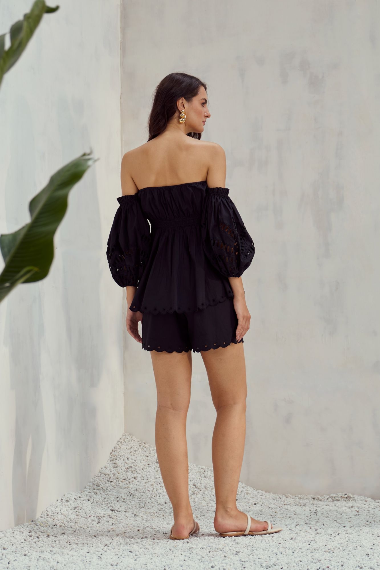 MALIBU-02 BLACK COTTON OFF SHOULDER TOP AND SHORTS CO-ORDINATE WITH CUTWORK EMBROIDERY