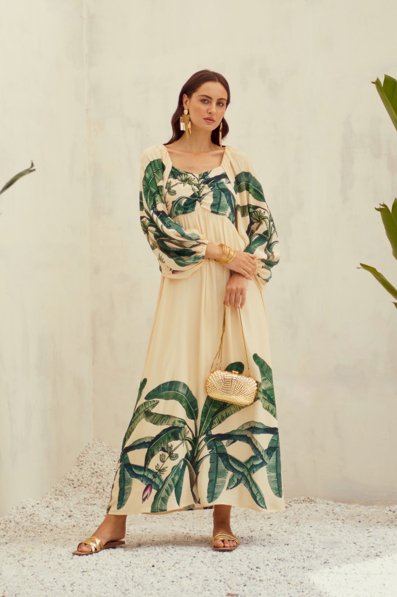 MALIBU-02 ECRU COLOR VISCOSE CREPE BANANA TREE PLACEMENT PRINT MAXI DRESS WITH SLEEVES