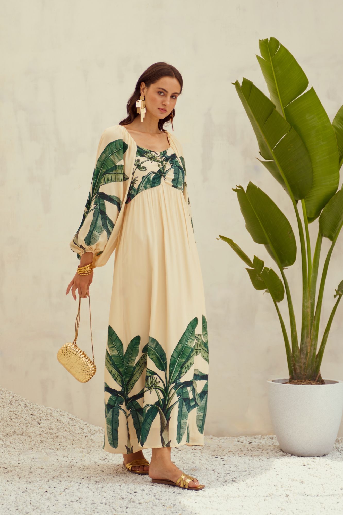 MALIBU-02 ECRU COLOR VISCOSE CREPE BANANA TREE PLACEMENT PRINT MAXI DRESS WITH SLEEVES