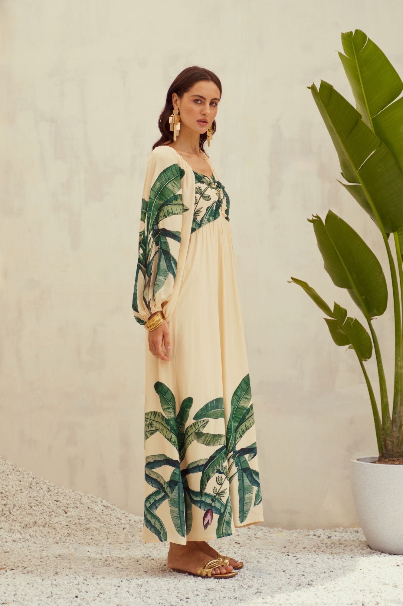 MALIBU-02 ECRU COLOR VISCOSE CREPE BANANA TREE PLACEMENT PRINT MAXI DRESS WITH SLEEVES