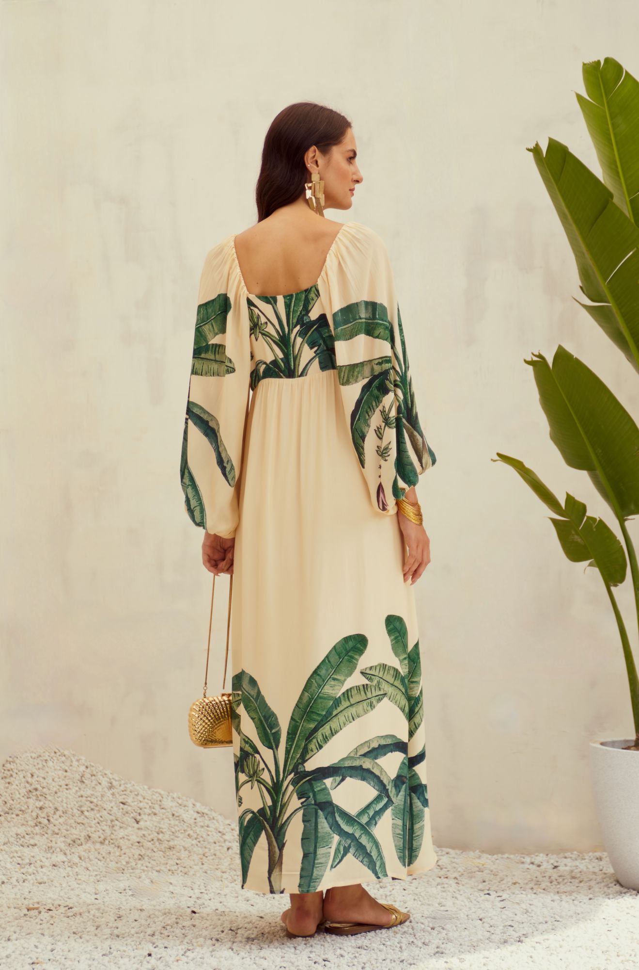 MALIBU-02 ECRU COLOR VISCOSE CREPE BANANA TREE PLACEMENT PRINT MAXI DRESS WITH SLEEVES