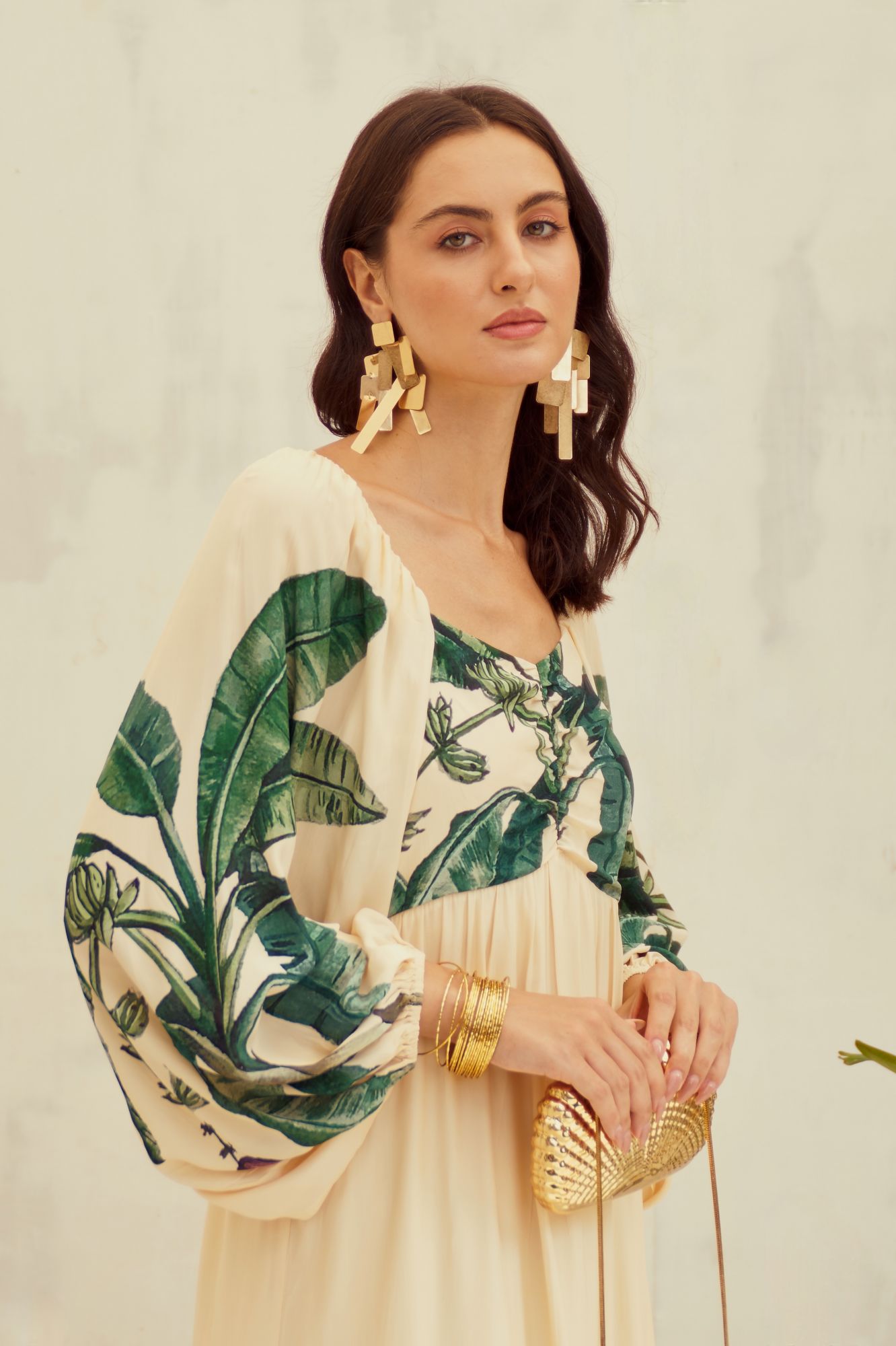 MALIBU-02 ECRU COLOR VISCOSE CREPE BANANA TREE PLACEMENT PRINT MAXI DRESS WITH SLEEVES