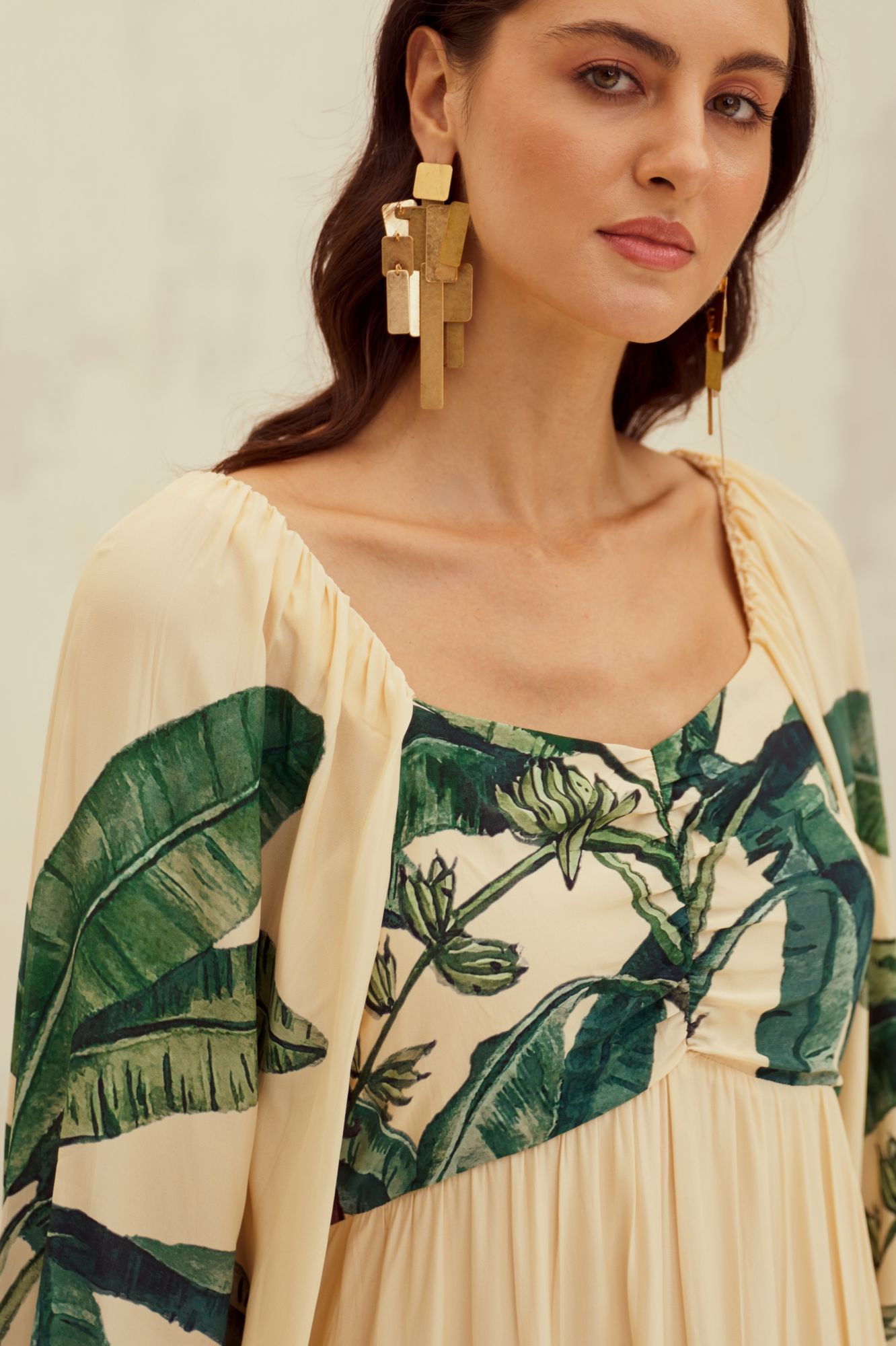 MALIBU-02 ECRU COLOR  VISCOSE CREPE BANANA TREE PLACEMENT PRINT MAXI DRESS WITH SLEEVES