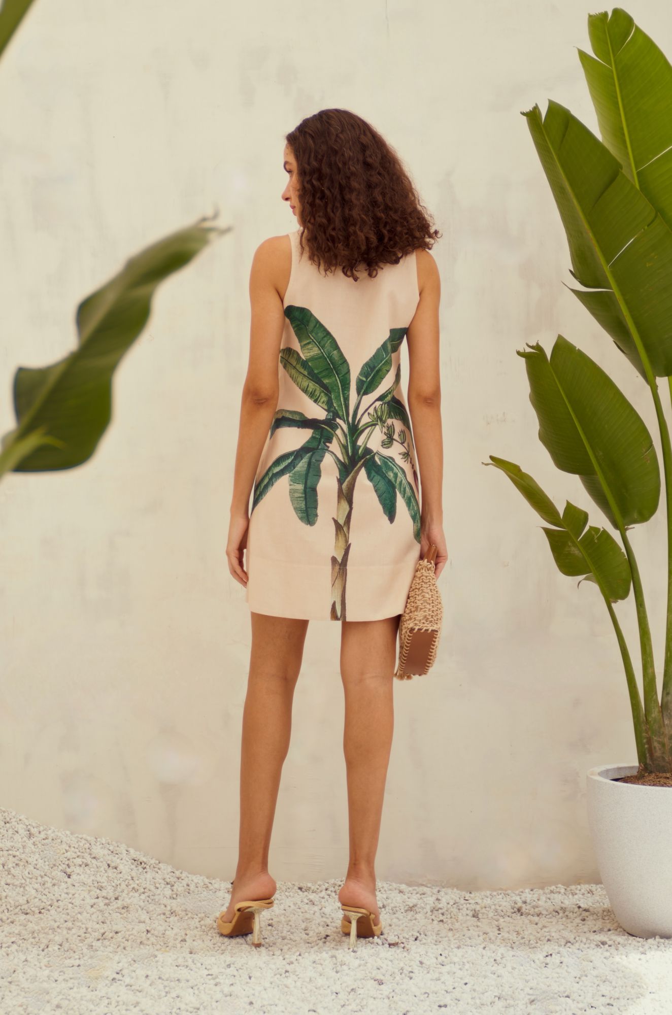 MALIBU-02 ECRU COLOR BANANA TREE PLACEMENT PRINT COTTON LINEN SHIFT DRESS