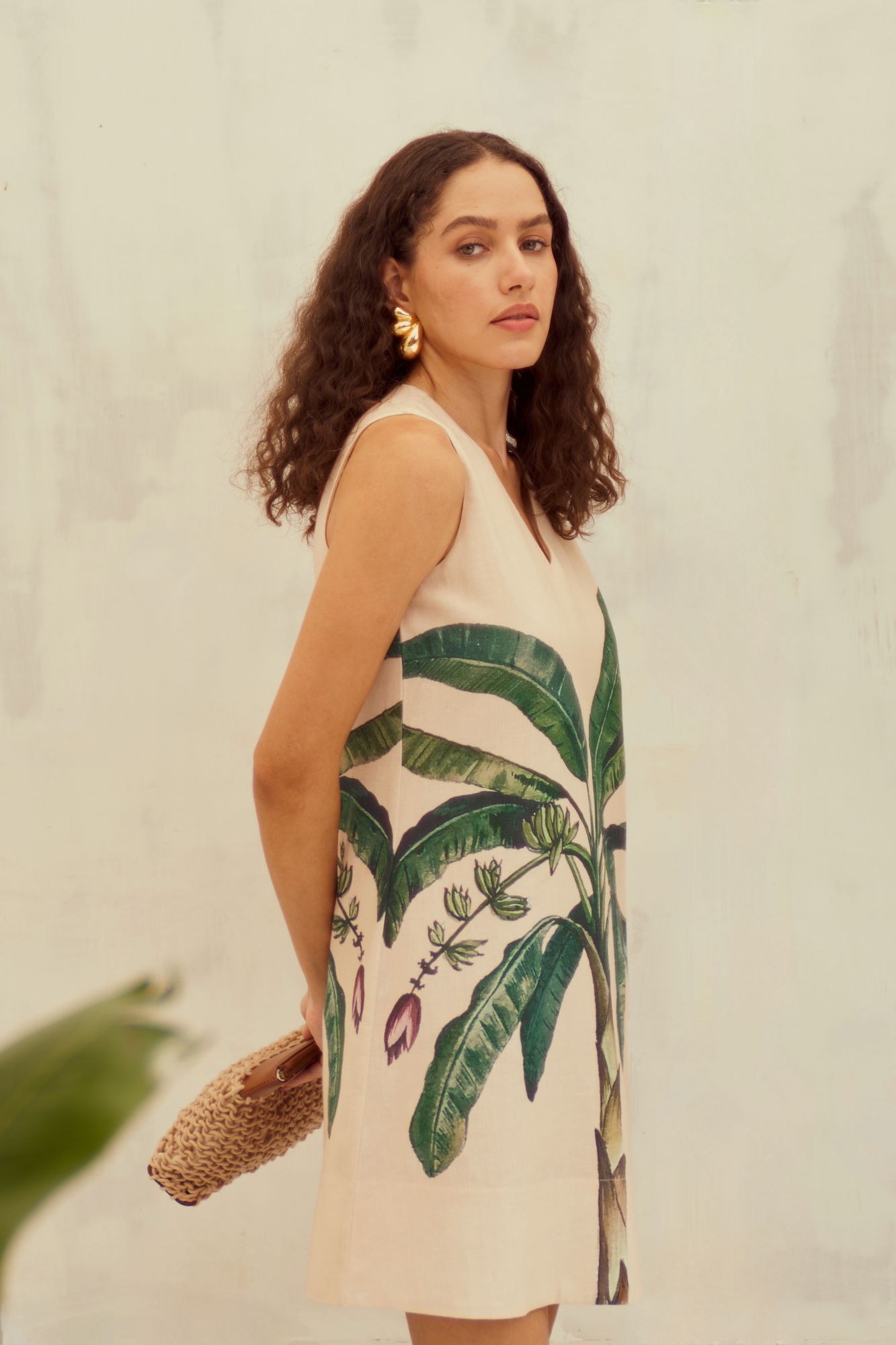 MALIBU-02 ECRU COLOR BANANA TREE PLACEMENT PRINT COTTON LINEN SHIFT DRESS