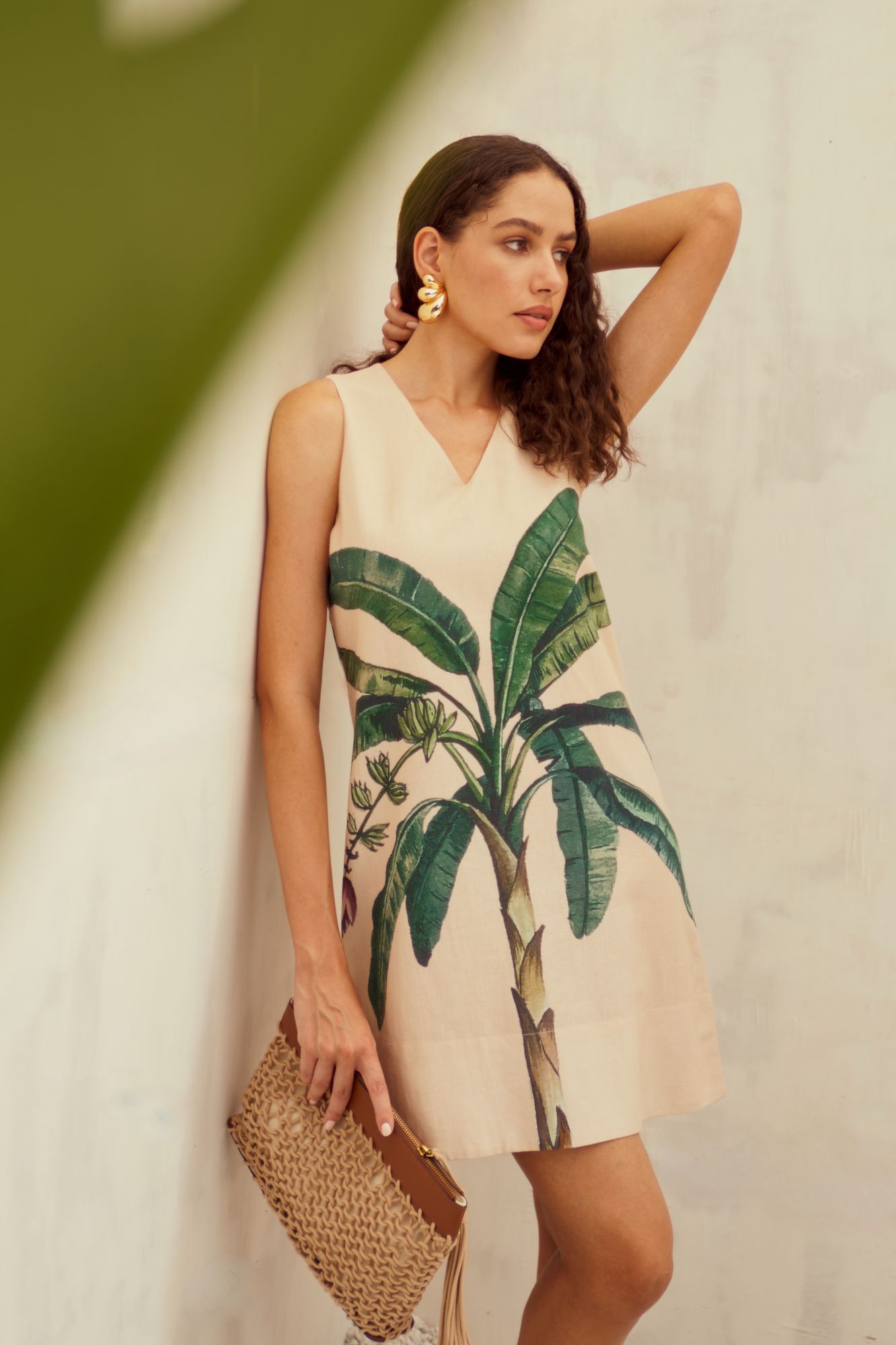 MALIBU-02 ECRU COLOR BANANA TREE PLACEMENT PRINT COTTON LINEN SHIFT DRESS