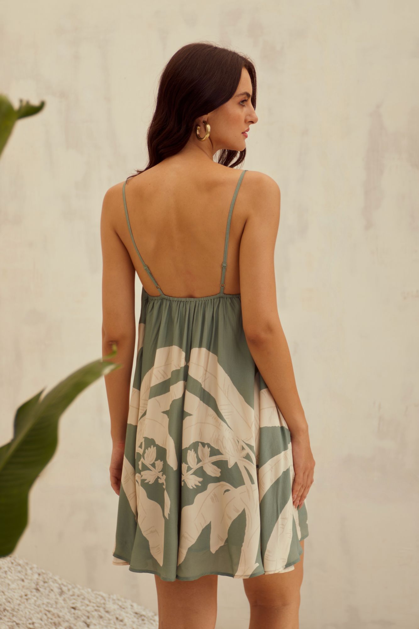 MALIBU-02 SAGE GREEN VISCOSE CREPE BANANA TREE PLACEMENT PRINT BEACH DRESS