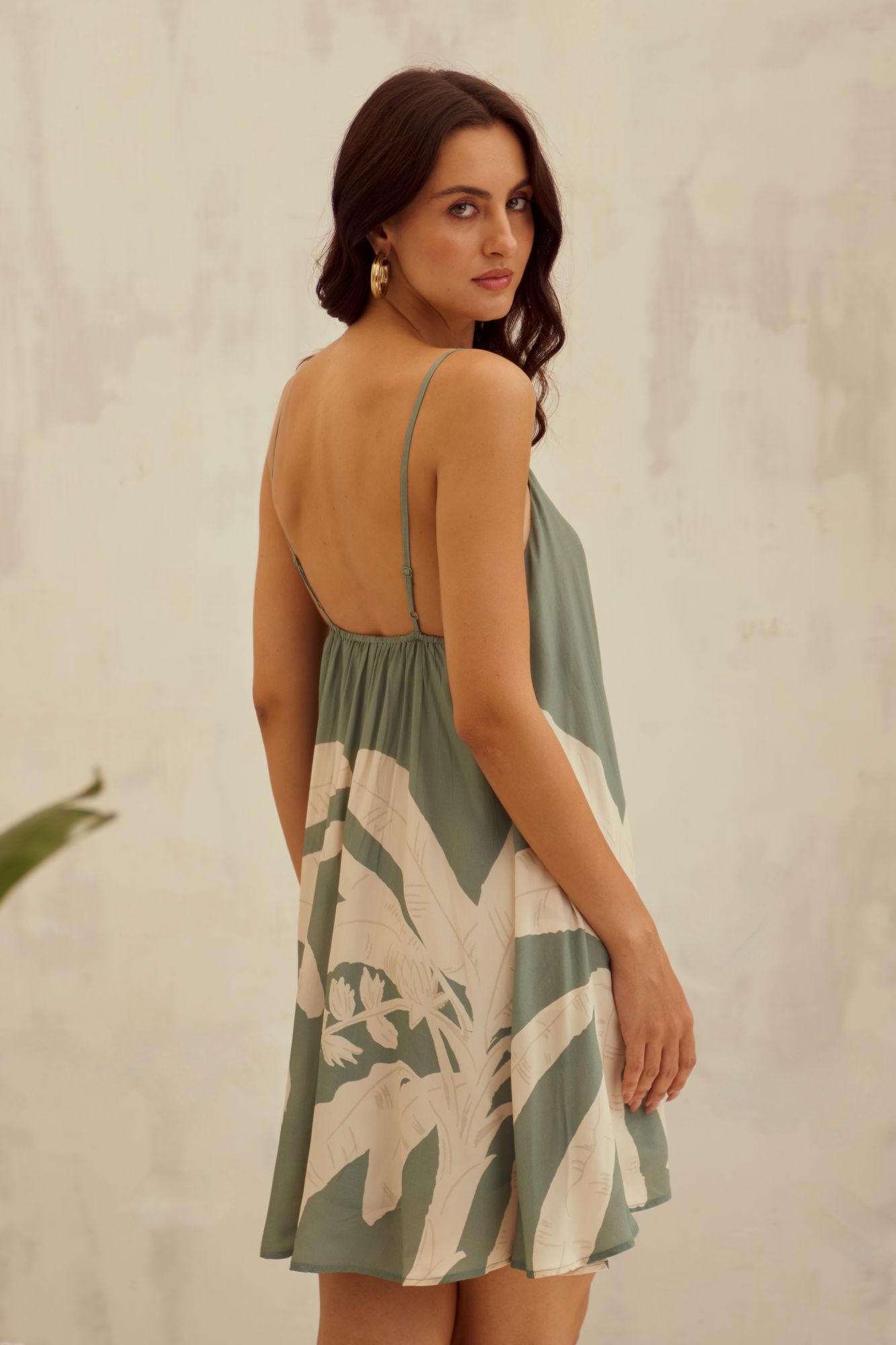 MALIBU-02 SAGE GREEN VISCOSE CREPE BANANA TREE PLACEMENT PRINT BEACH DRESS