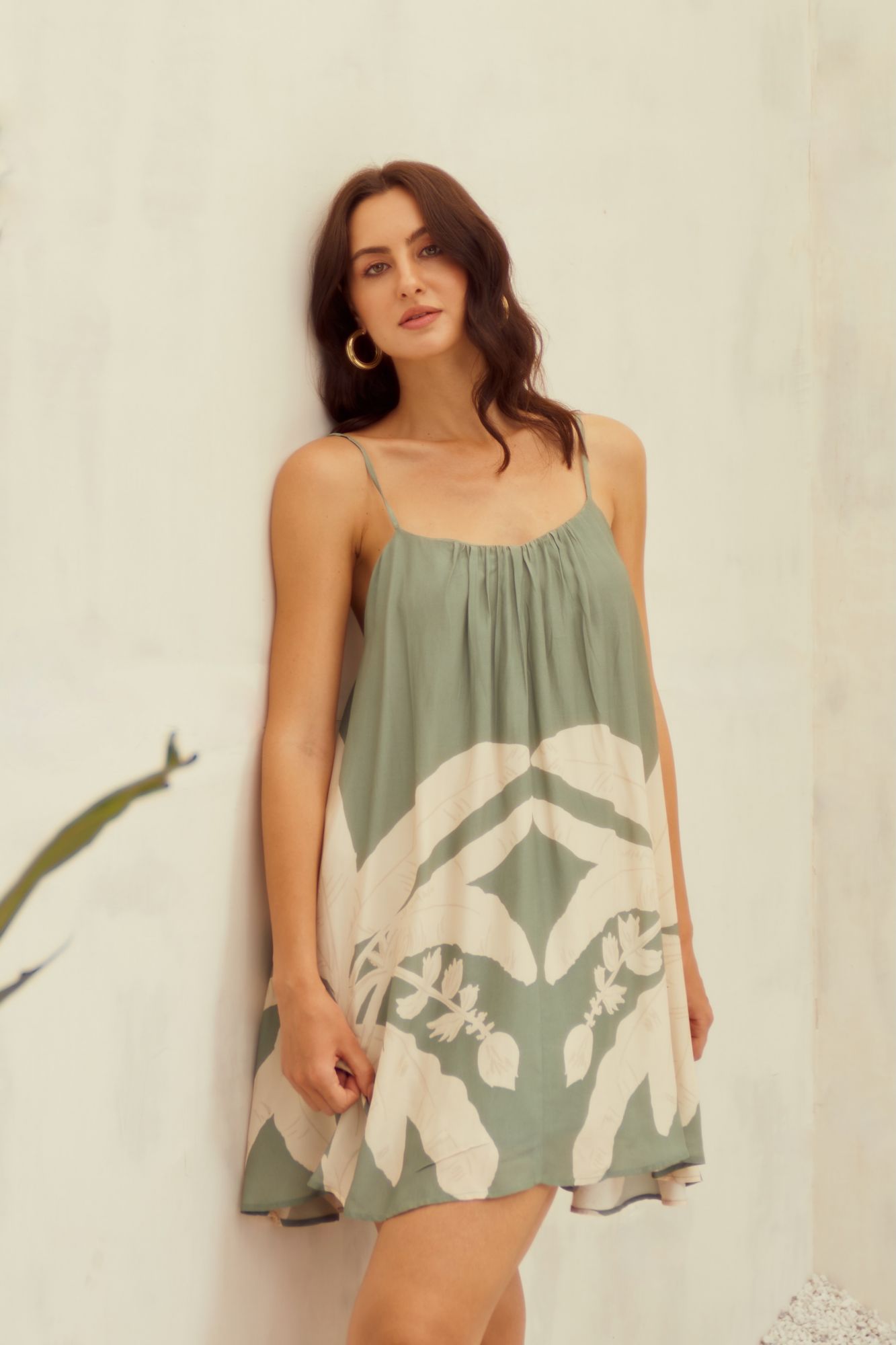 MALIBU-02 SAGE GREEN VISCOSE CREPE BANANA TREE PLACEMENT PRINT BEACH DRESS