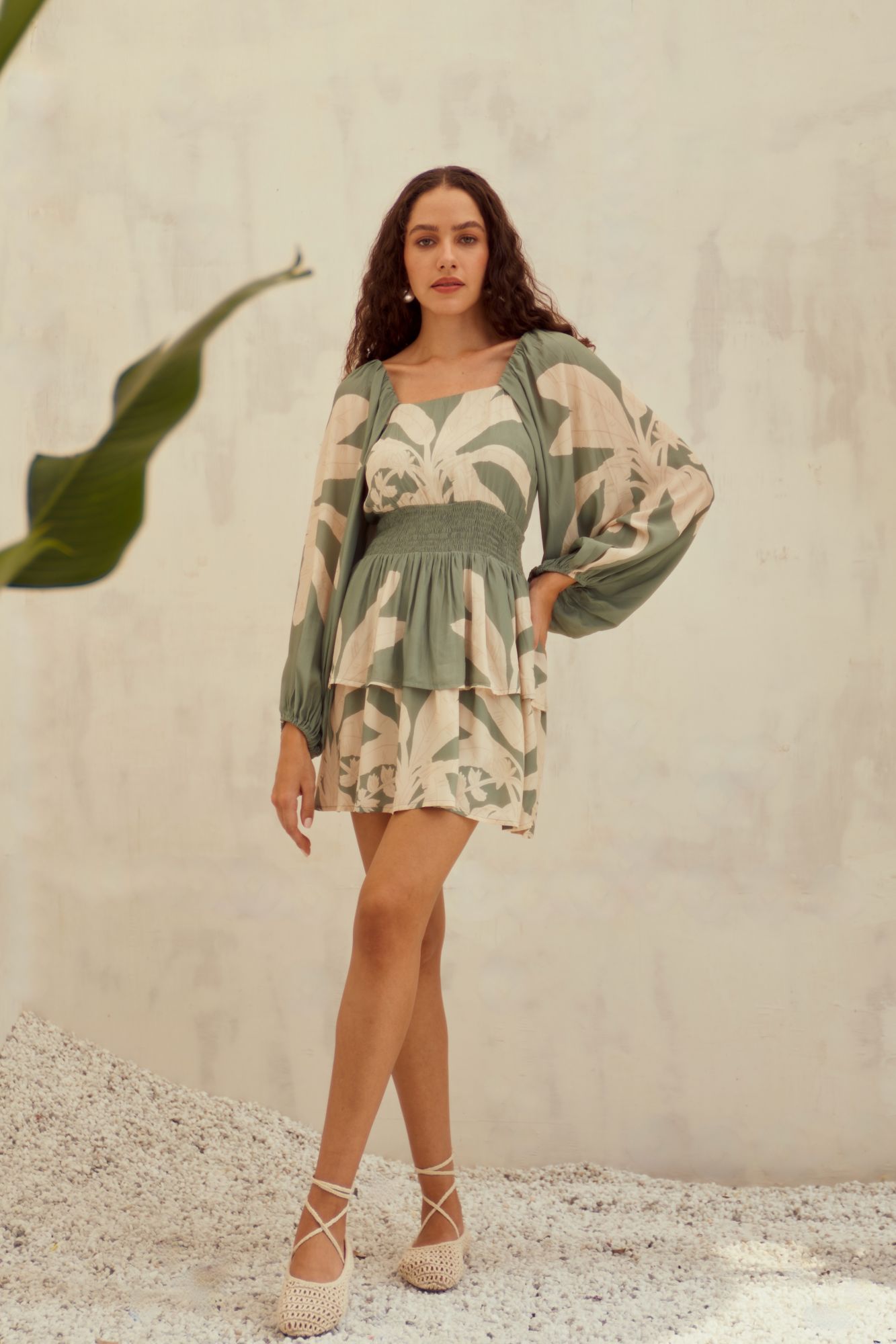 MALIBU-02 SAGE GREEN COLOR PRINT VISCOSE CREPE FABRIC SHORT LENGTH LAYERED DRESS