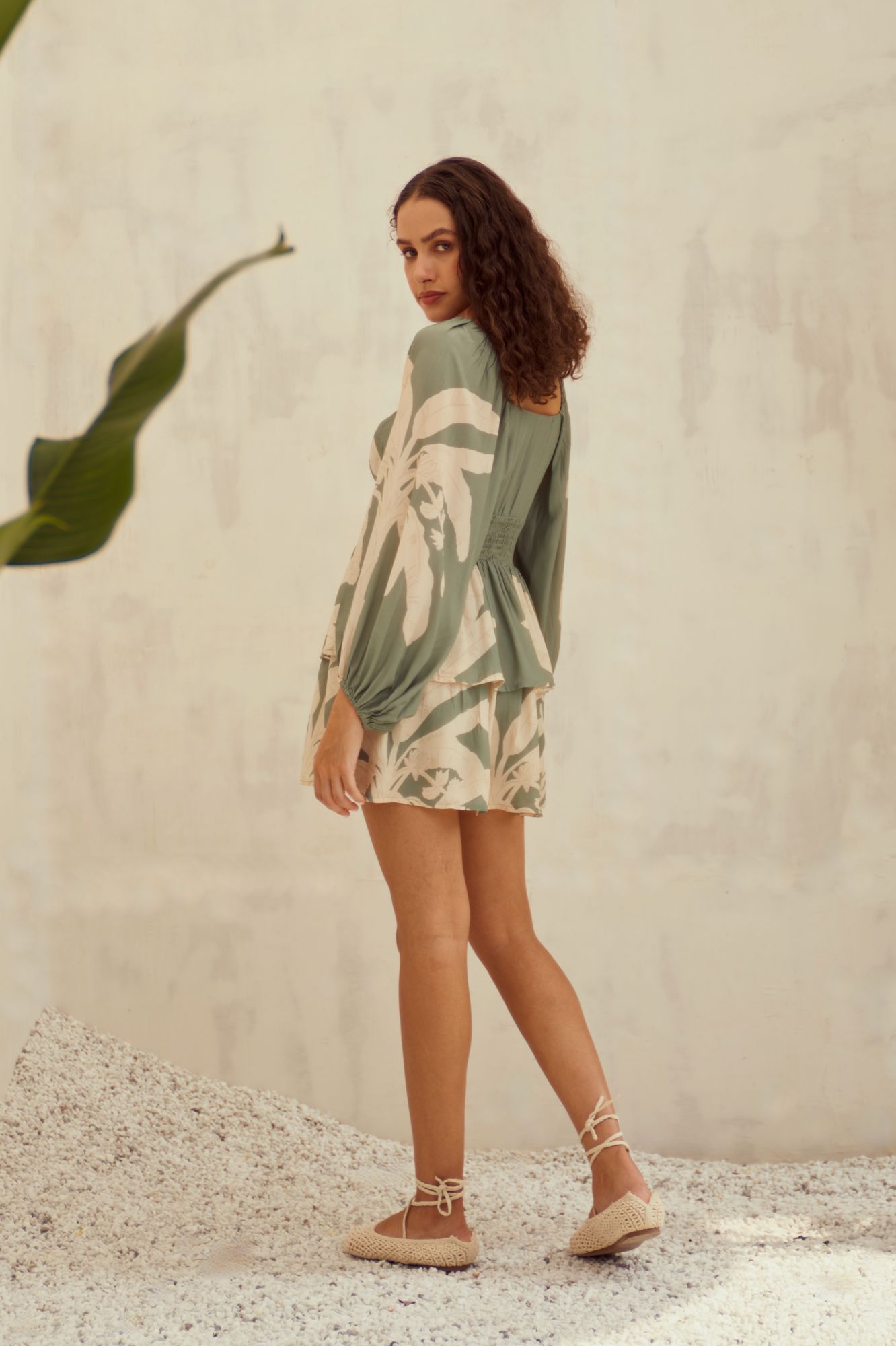 MALIBU-02 SAGE GREEN COLOR PRINT VISCOSE CREPE FABRIC SHORT LENGTH LAYERED DRESS