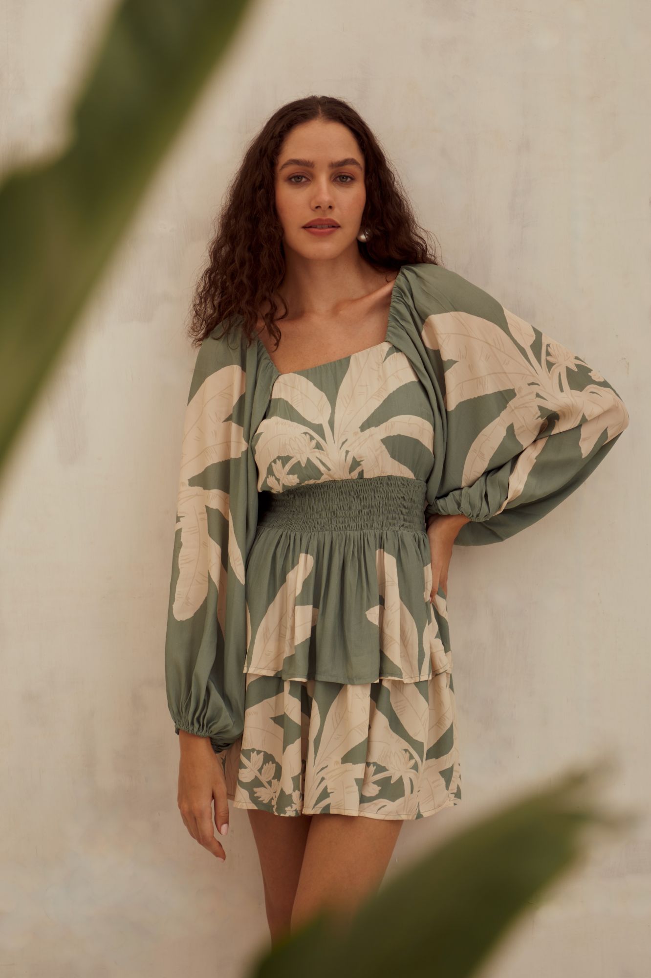 MALIBU-02 SAGE GREEN COLOR PRINT VISCOSE CREPE FABRIC SHORT LENGTH LAYERED DRESS