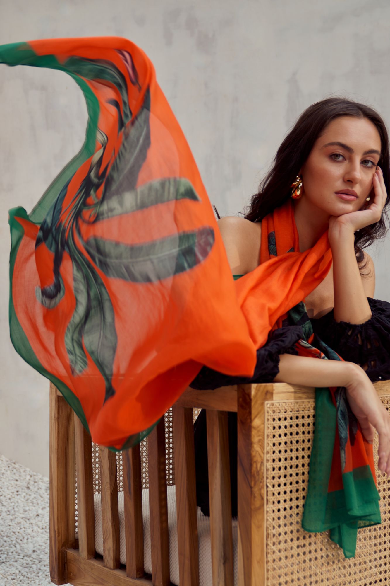 MALIBU-02 ORANGE RED COLOR SUSHI VOILE BANANA TREE PLACEMENT PRINT MULTI PURPOSE STOLE