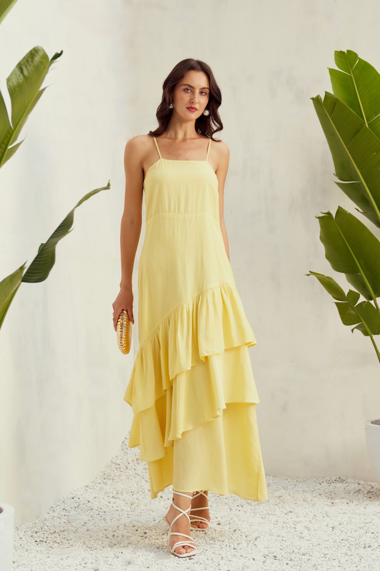 MALIBU-02 SOLID PASTEL YELLOW VISCOSE CREPE LAYERED HEM COCKTAIL MAXI DRESS