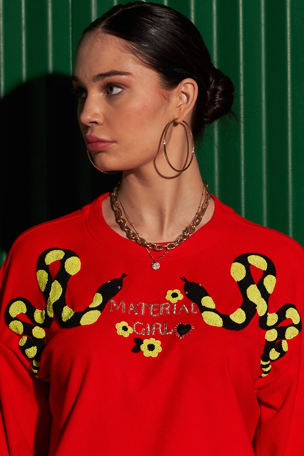 MATERIAL GIRL RED COLOR FLEECE WITH EXCLUSIVE PYTHON HAND EMBROIDERY WINTER SWEATSHIRT