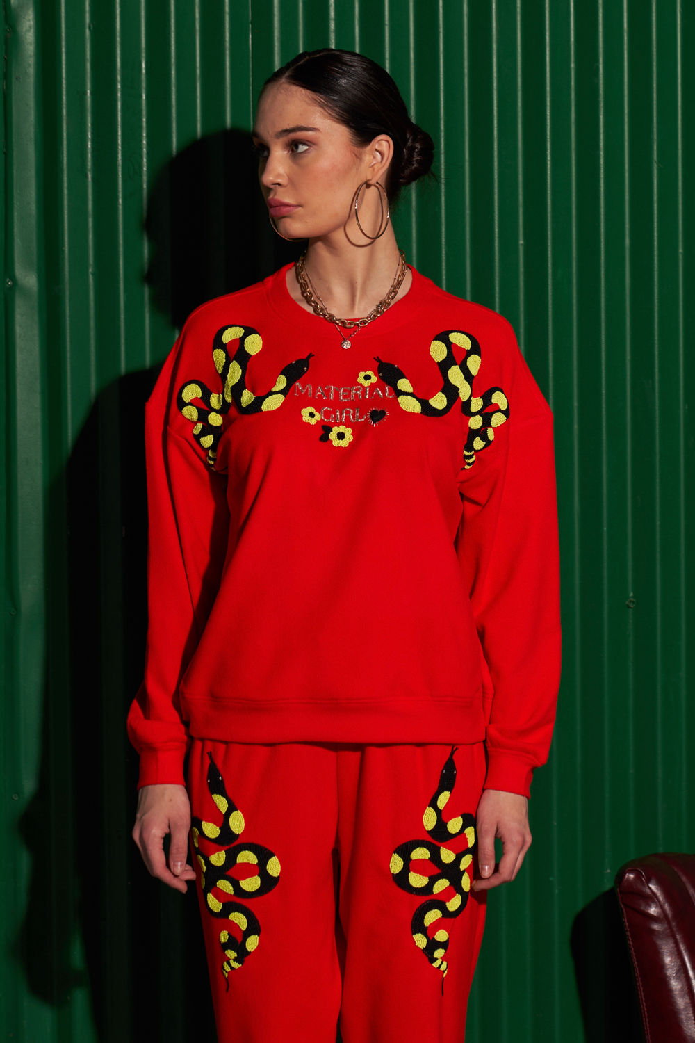 MATERIAL GIRL RED FLEECE SWEATSHIRT JOGGER PANTS WINTER CO-ORD WITH EXCLUSIVE PYTHON HAND EMBROIDERY