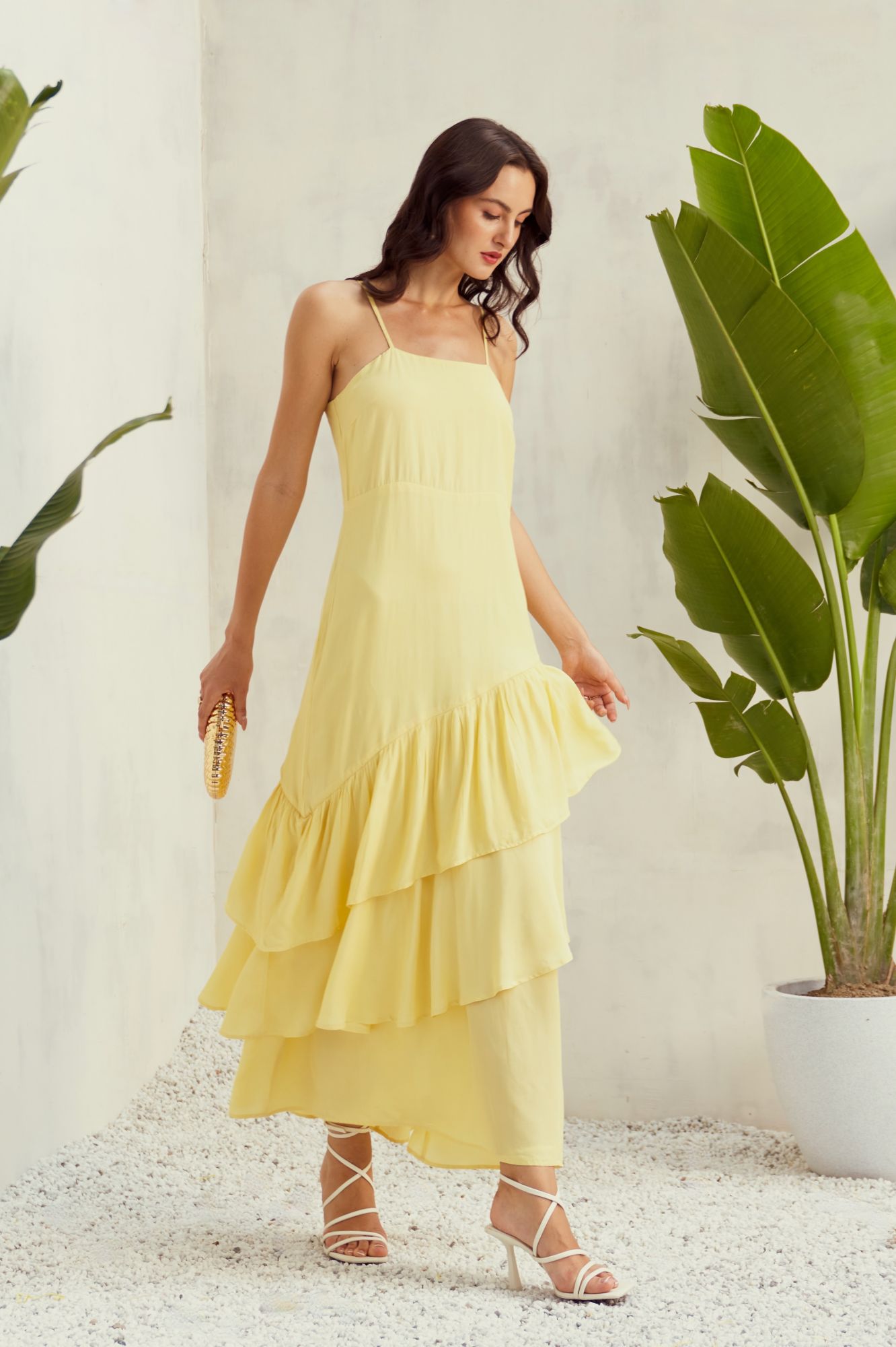MALIBU-02 SOLID PASTEL YELLOW VISCOSE CREPE LAYERED HEM COCKTAIL MAXI DRESS