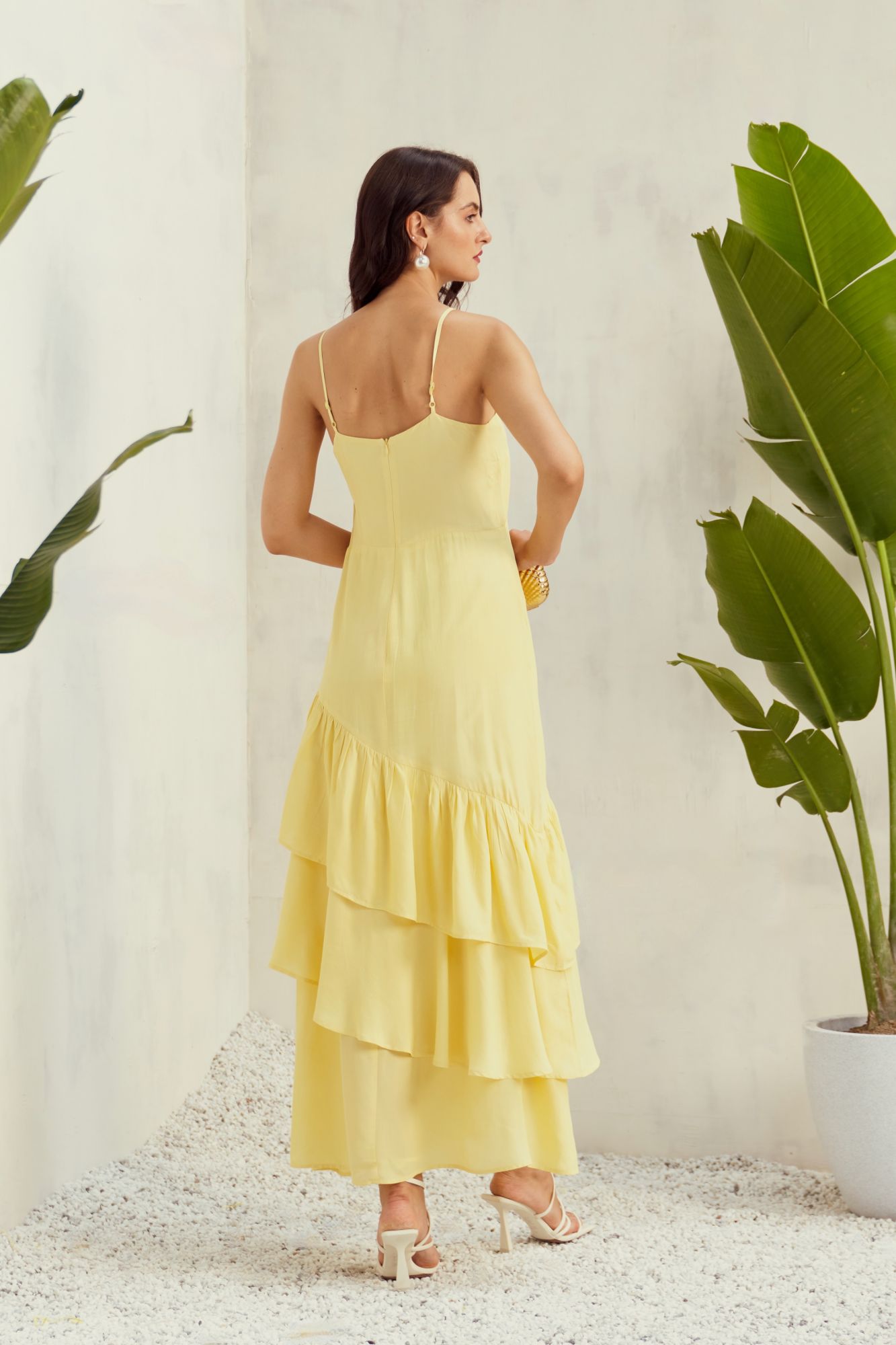 MALIBU-02 SOLID PASTEL YELLOW VISCOSE CREPE LAYERED HEM COCKTAIL MAXI DRESS