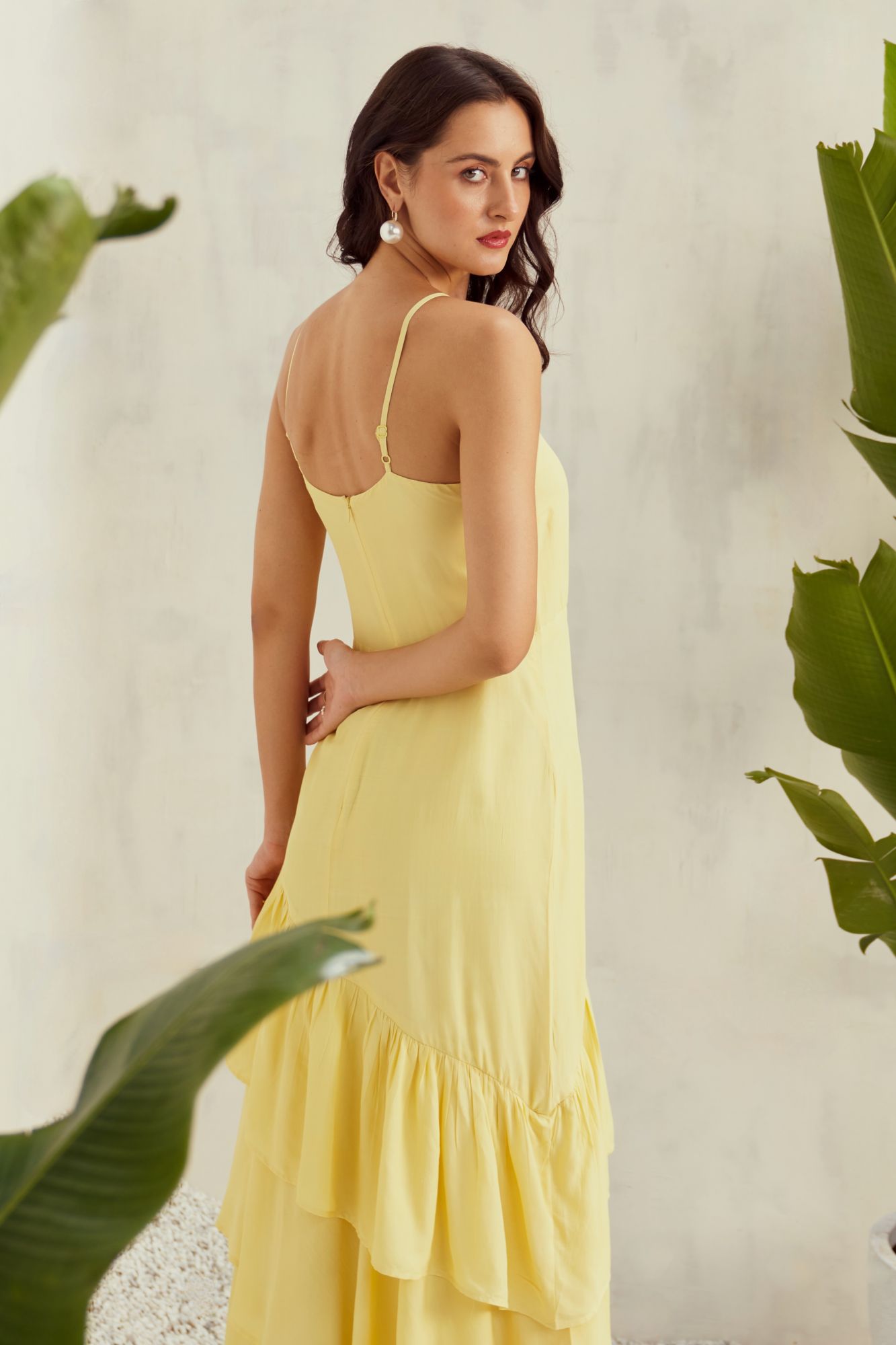 MALIBU-02 SOLID PASTEL YELLOW VISCOSE CREPE LAYERED HEM COCKTAIL MAXI DRESS