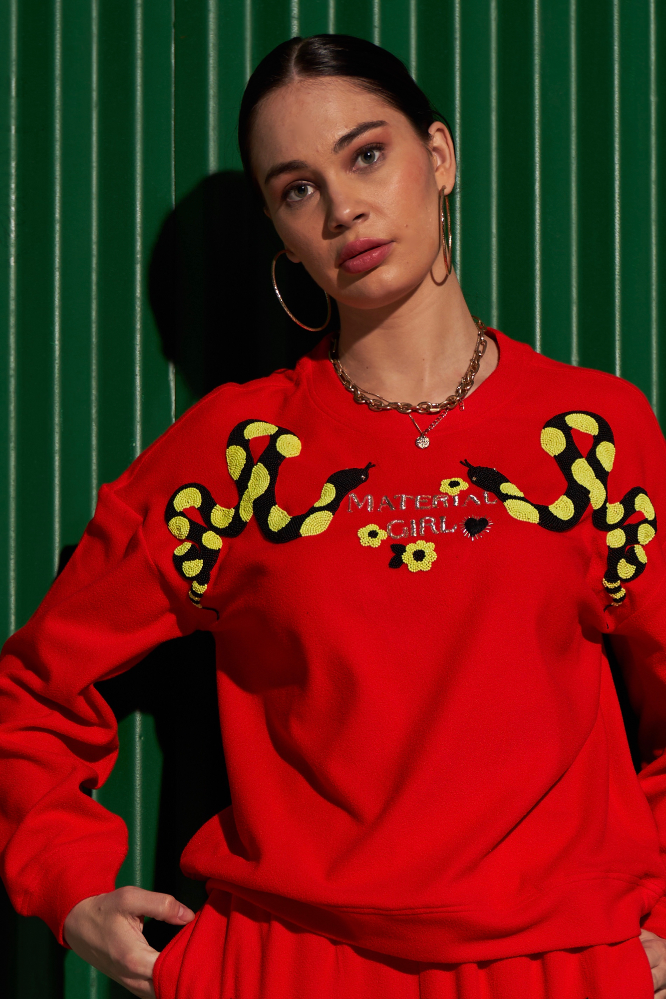 MATERIAL GIRL RED COLOR FLEECE WITH EXCLUSIVE PYTHON HAND EMBROIDERY WINTER SWEATSHIRT