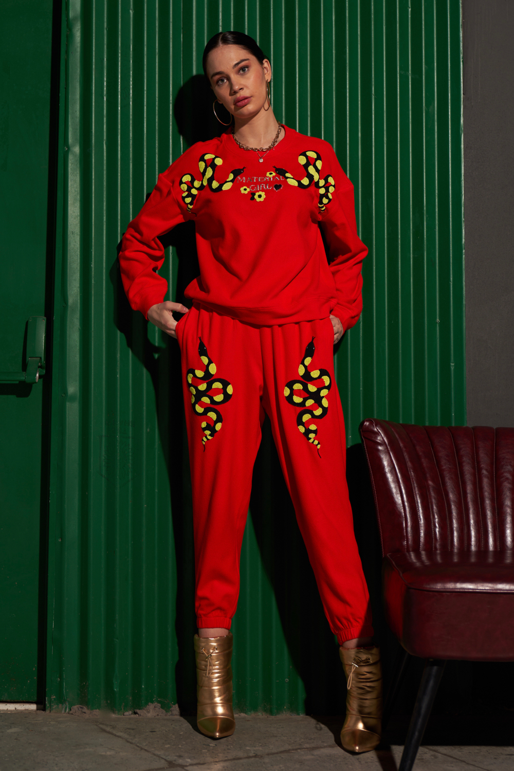 MATERIAL GIRL RED FLEECE SWEATSHIRT JOGGER PANTS WINTER CO-ORD WITH EXCLUSIVE PYTHON HAND EMBROIDERY