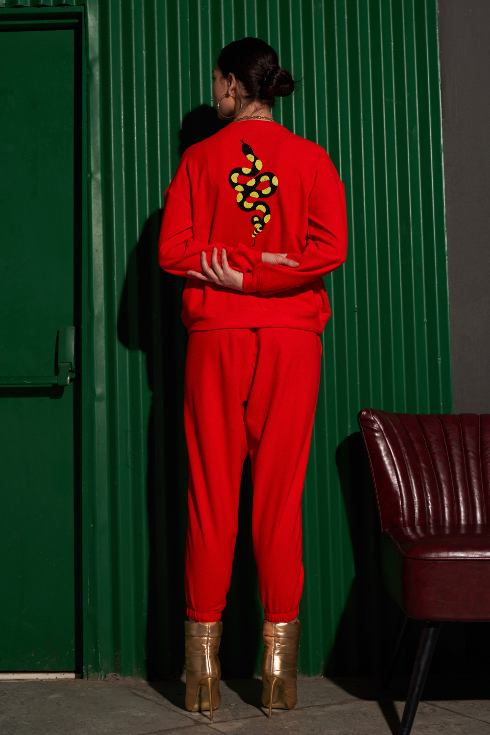MATERIAL GIRL RED FLEECE SWEATSHIRT JOGGER PANTS WINTER CO-ORD WITH EXCLUSIVE PYTHON HAND EMBROIDERY