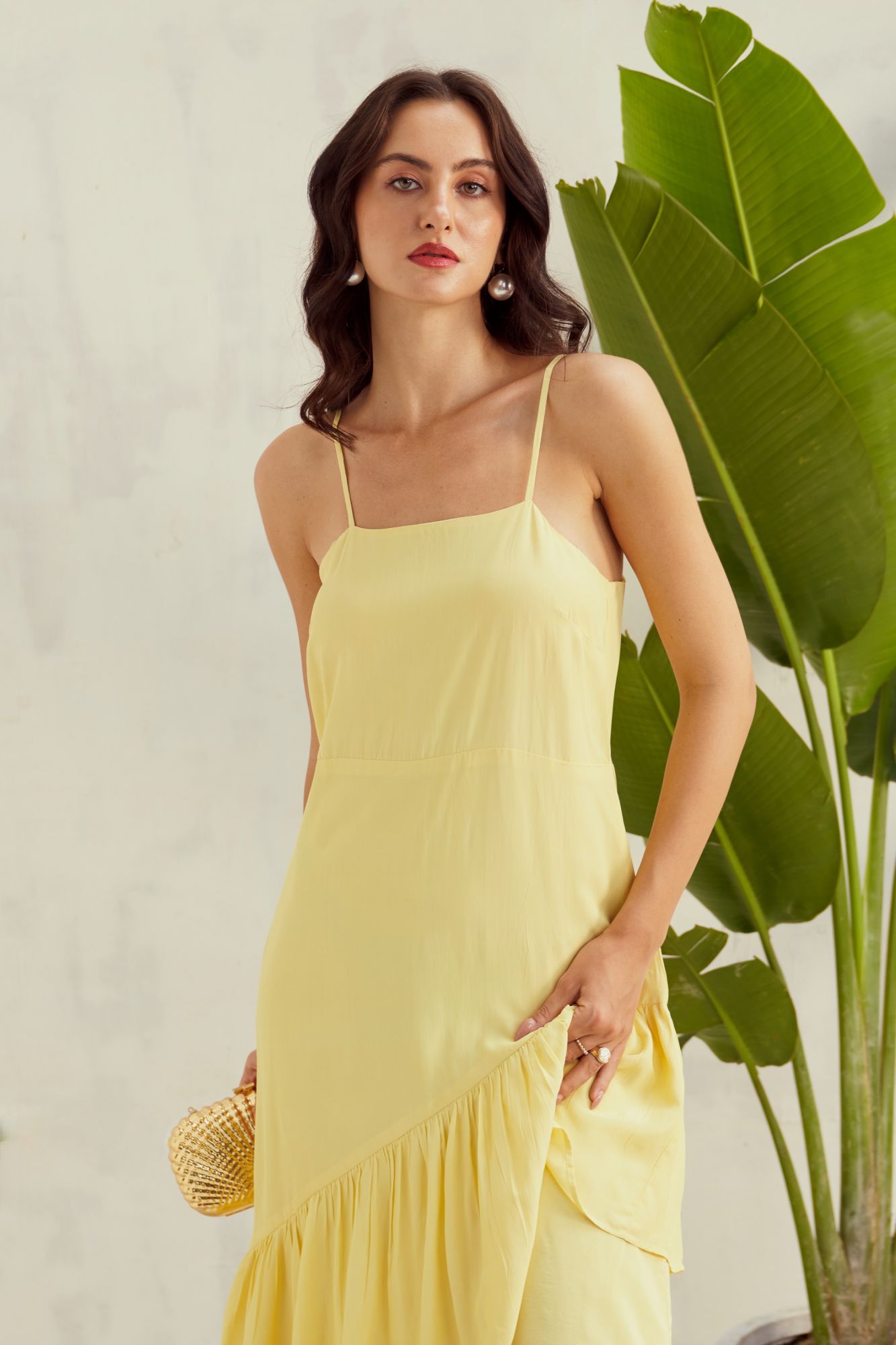 MALIBU-02 SOLID PASTEL YELLOW VISCOSE CREPE LAYERED HEM COCKTAIL MAXI DRESS