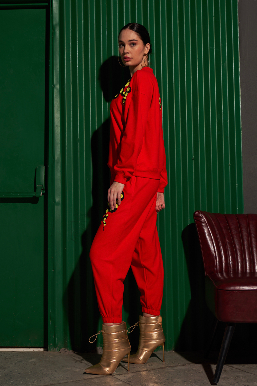 MATERIAL GIRL RED FLEECE SWEATSHIRT JOGGER PANTS WINTER CO-ORD WITH EXCLUSIVE PYTHON HAND EMBROIDERY