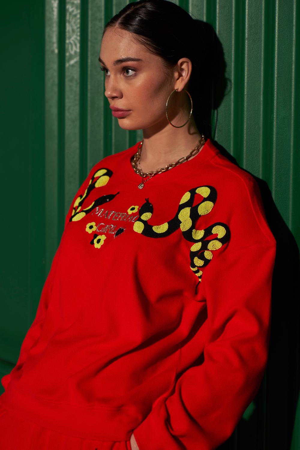 MATERIAL GIRL RED COLOR FLEECE WITH EXCLUSIVE PYTHON HAND EMBROIDERY WINTER SWEATSHIRT