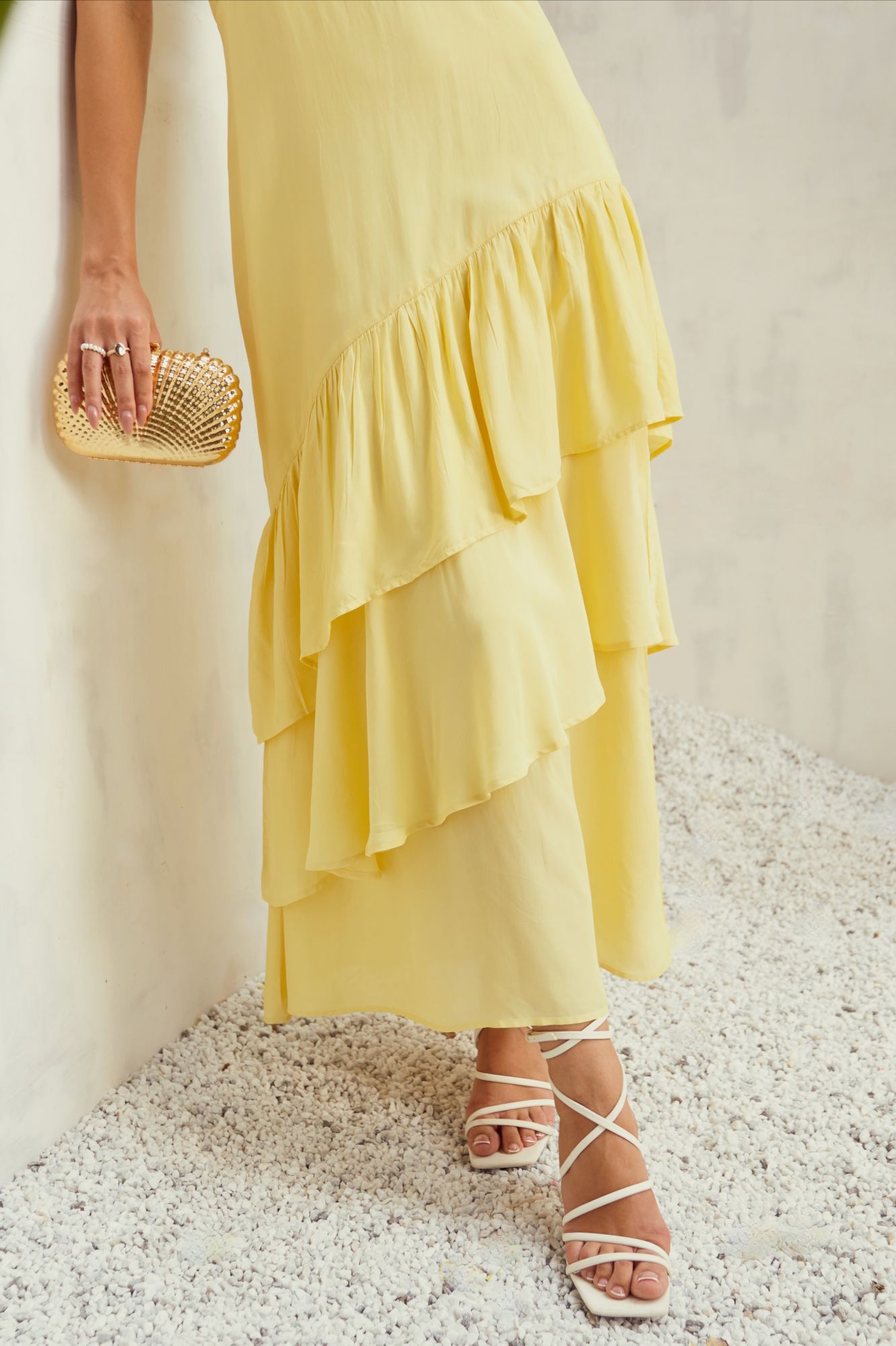 MALIBU-02 SOLID PASTEL YELLOW VISCOSE CREPE LAYERED HEM COCKTAIL MAXI DRESS