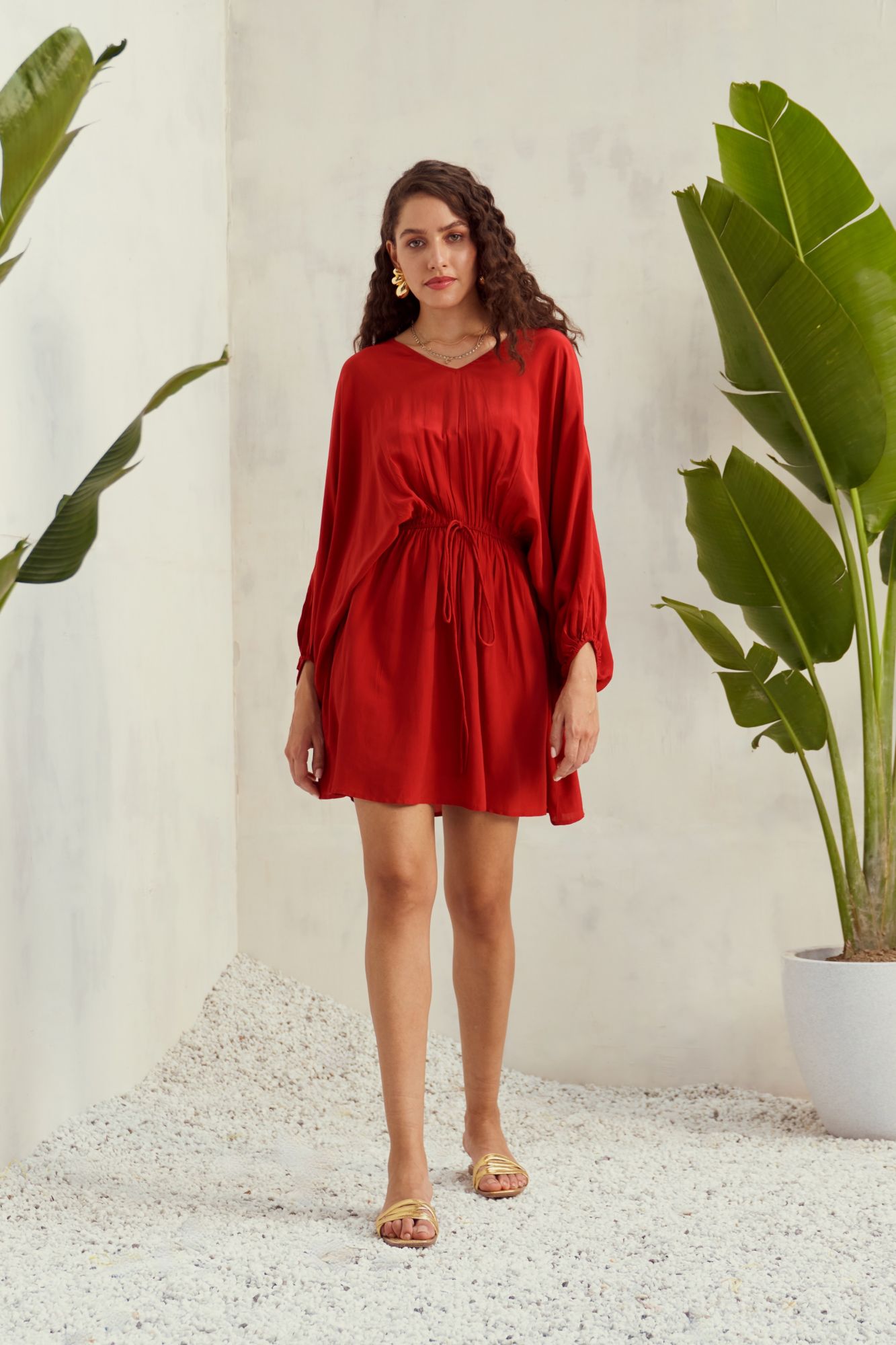 MALIBU-02 SOLID SCARLET RED COLOR CREPE KNEE LENGTH DOLMAN SLEEVES DRESS