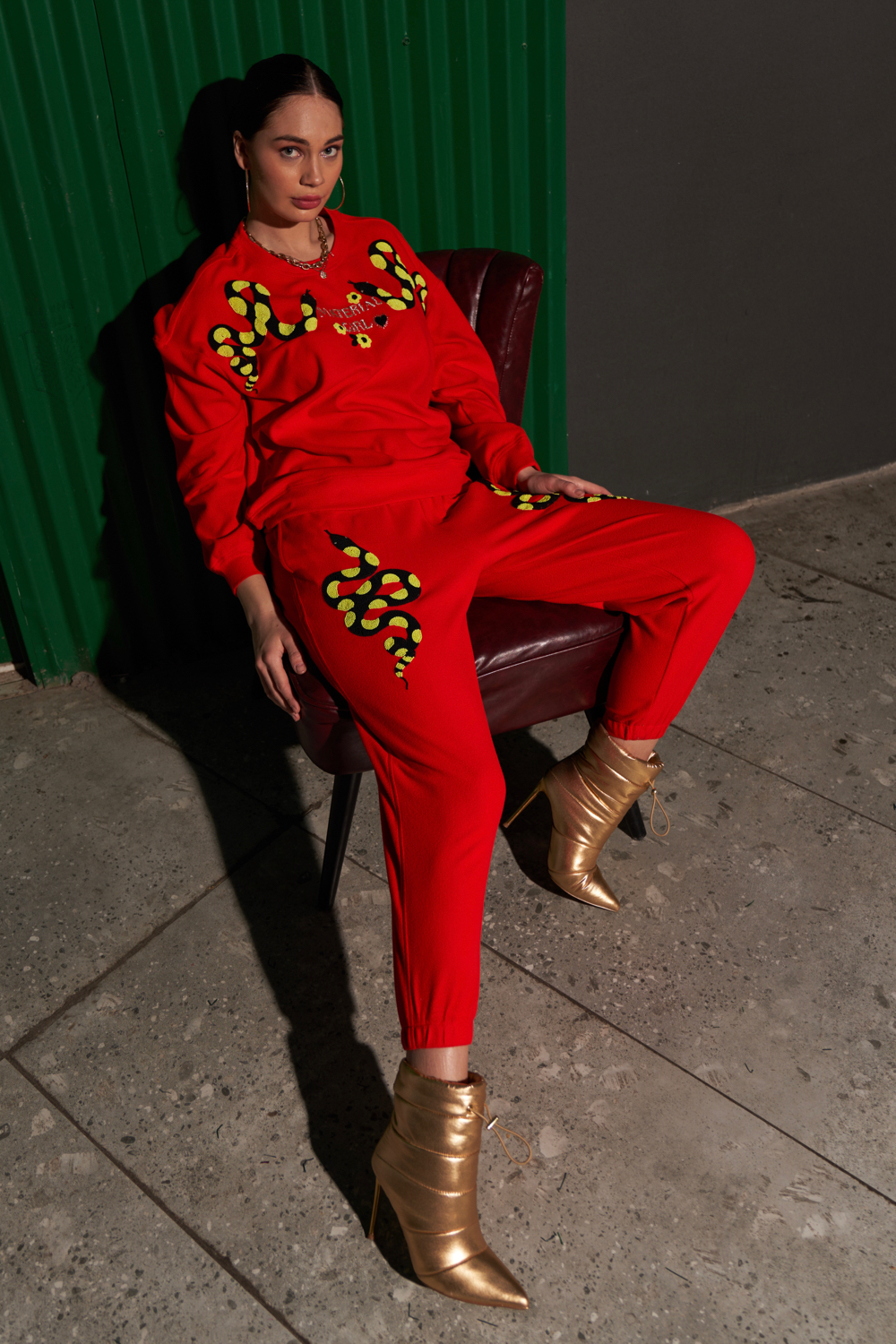 MATERIAL GIRL RED FLEECE SWEATSHIRT JOGGER PANTS WINTER CO-ORD WITH EXCLUSIVE PYTHON HAND EMBROIDERY