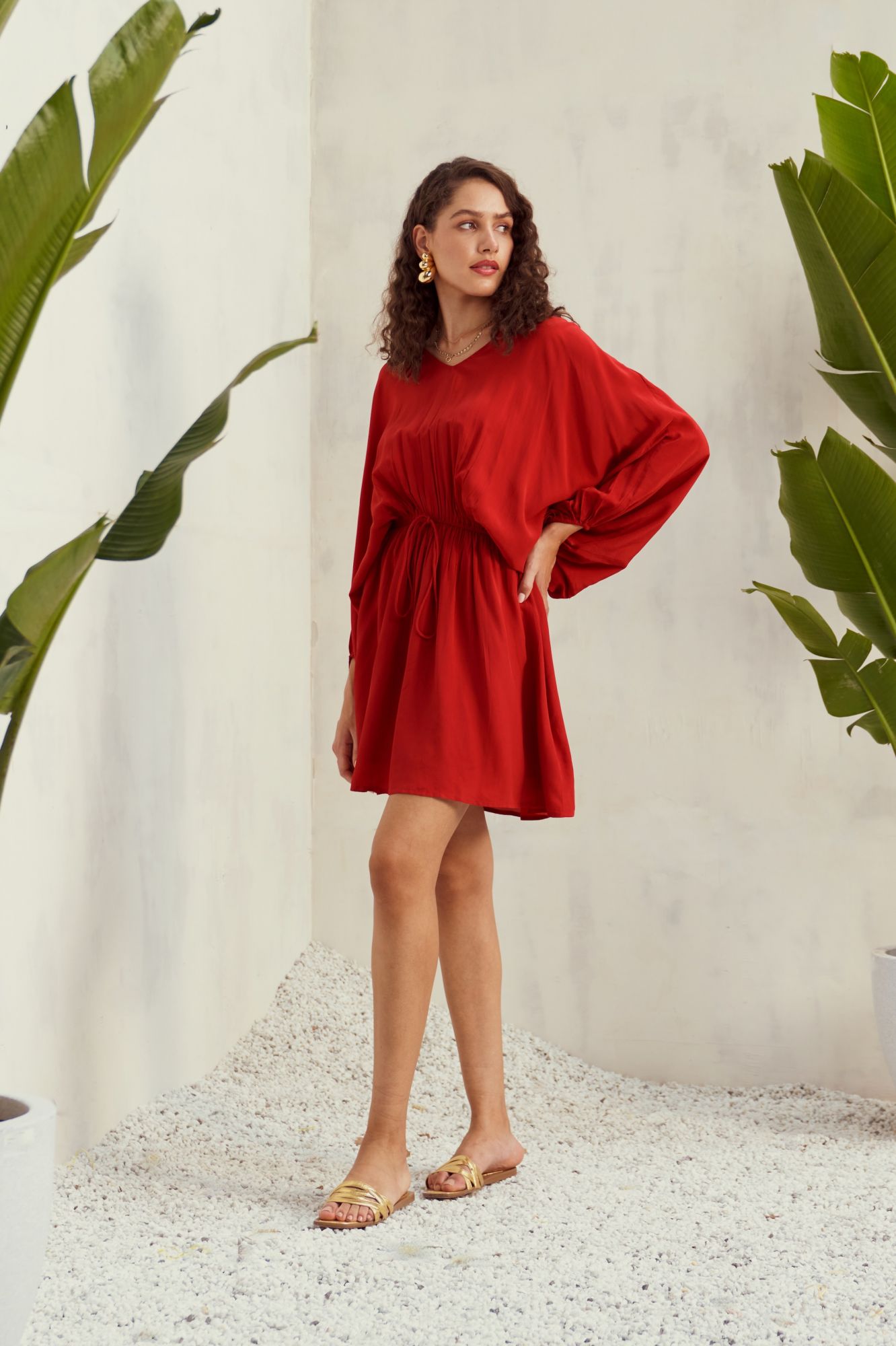 MALIBU-02 SOLID SCARLET RED COLOR CREPE KNEE LENGTH DOLMAN SLEEVES DRESS