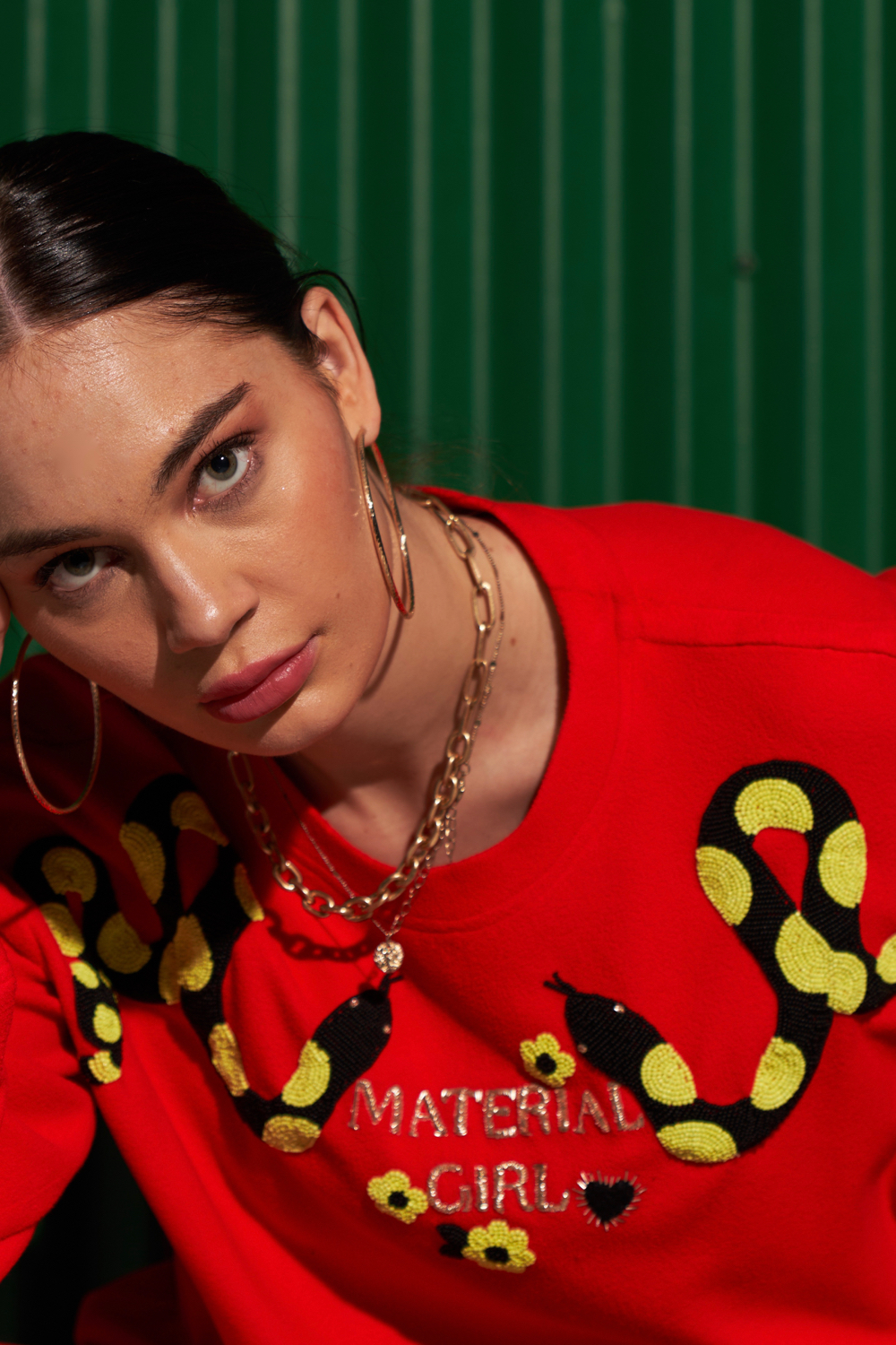 MATERIAL GIRL RED COLOR FLEECE WITH EXCLUSIVE PYTHON HAND EMBROIDERY WINTER SWEATSHIRT