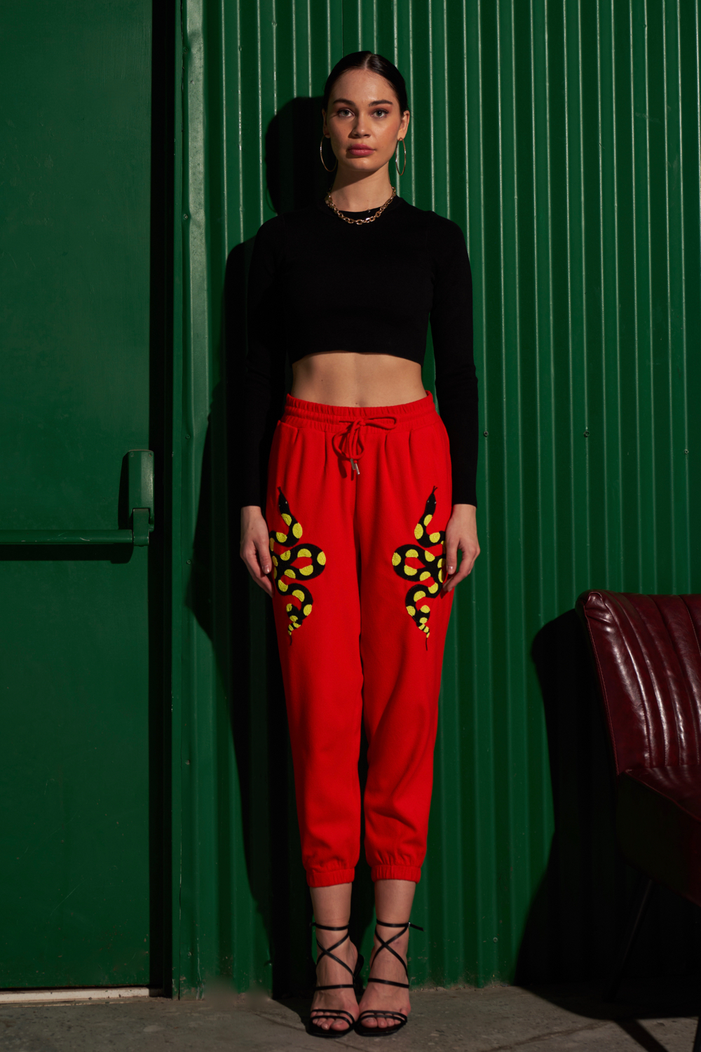 MATERIAL GIRL RED FLEECE WINTER JOGGER PANTS WITH EXCLUSIVE PYTHON HAND EMBROIDERY