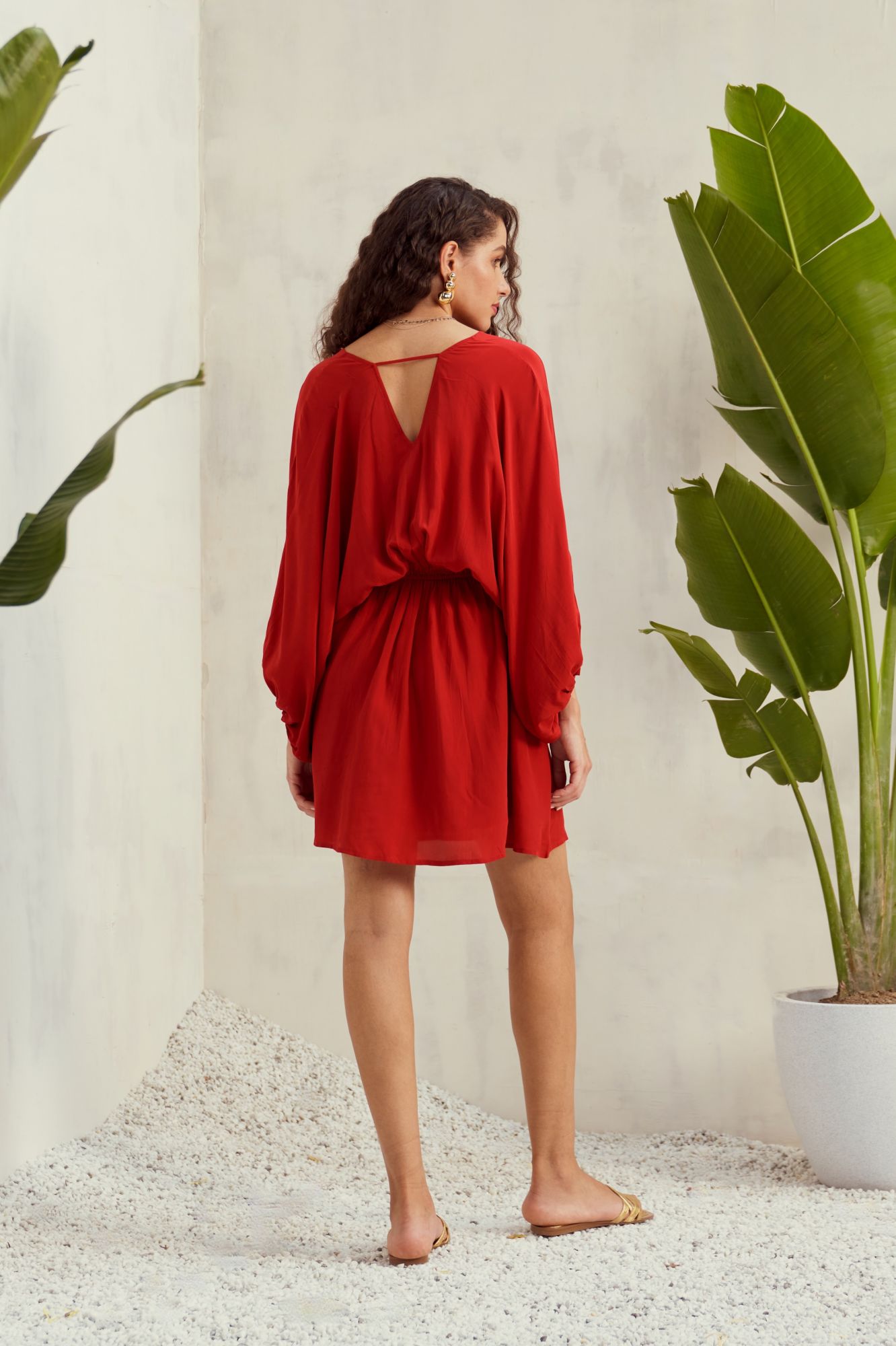 MALIBU-02 SOLID SCARLET RED COLOR CREPE KNEE LENGTH DOLMAN SLEEVES DRESS