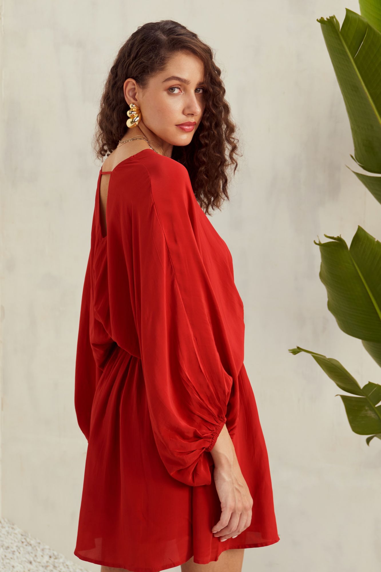 MALIBU-02 SOLID SCARLET RED COLOR CREPE KNEE LENGTH DOLMAN SLEEVES DRESS