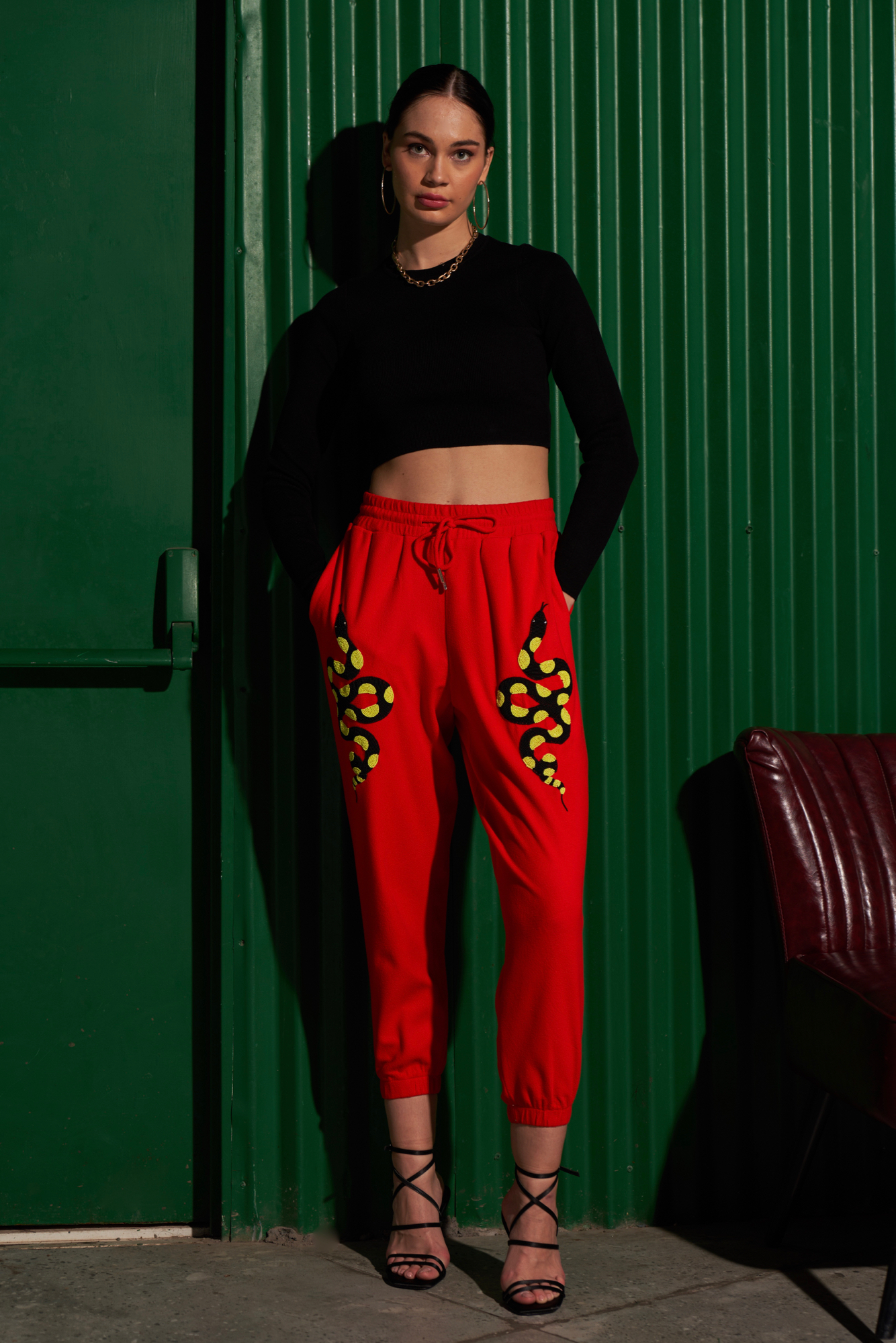 MATERIAL GIRL RED FLEECE WINTER JOGGER PANTS WITH EXCLUSIVE PYTHON HAND EMBROIDERY