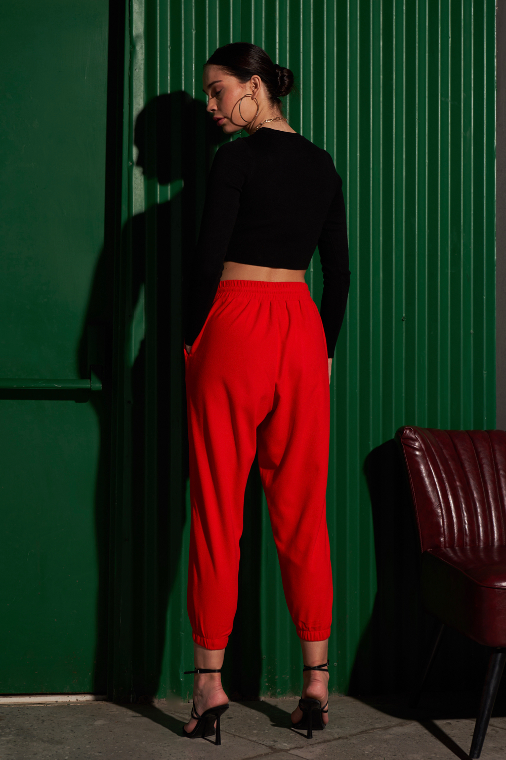 MATERIAL GIRL RED FLEECE WINTER JOGGER PANTS WITH EXCLUSIVE PYTHON HAND EMBROIDERY