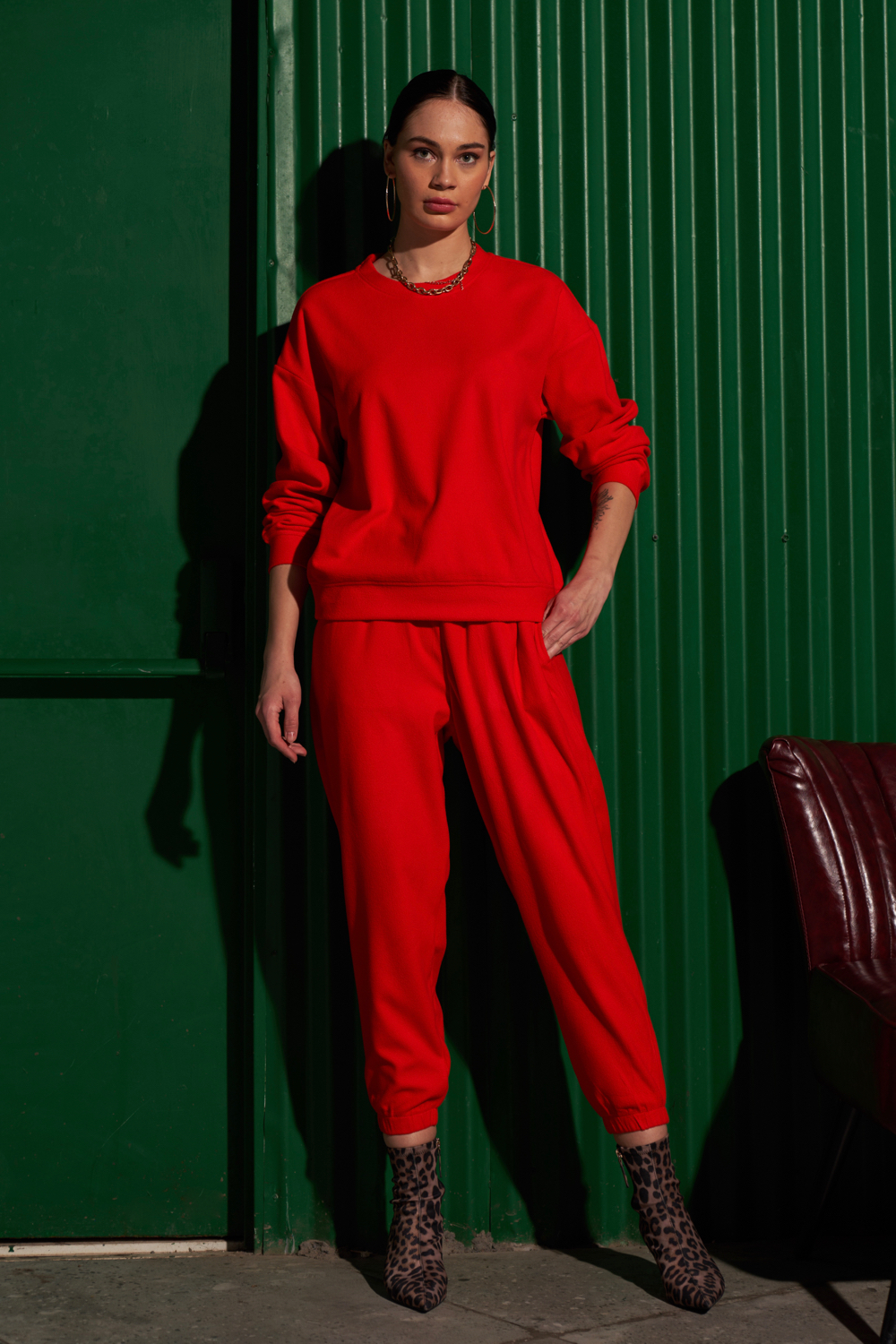 MATERIAL GIRL SOLID RED COLOR FLEECE SWEATSHIRT AND JOGGER PANTS WINTER CO-ORDINATE