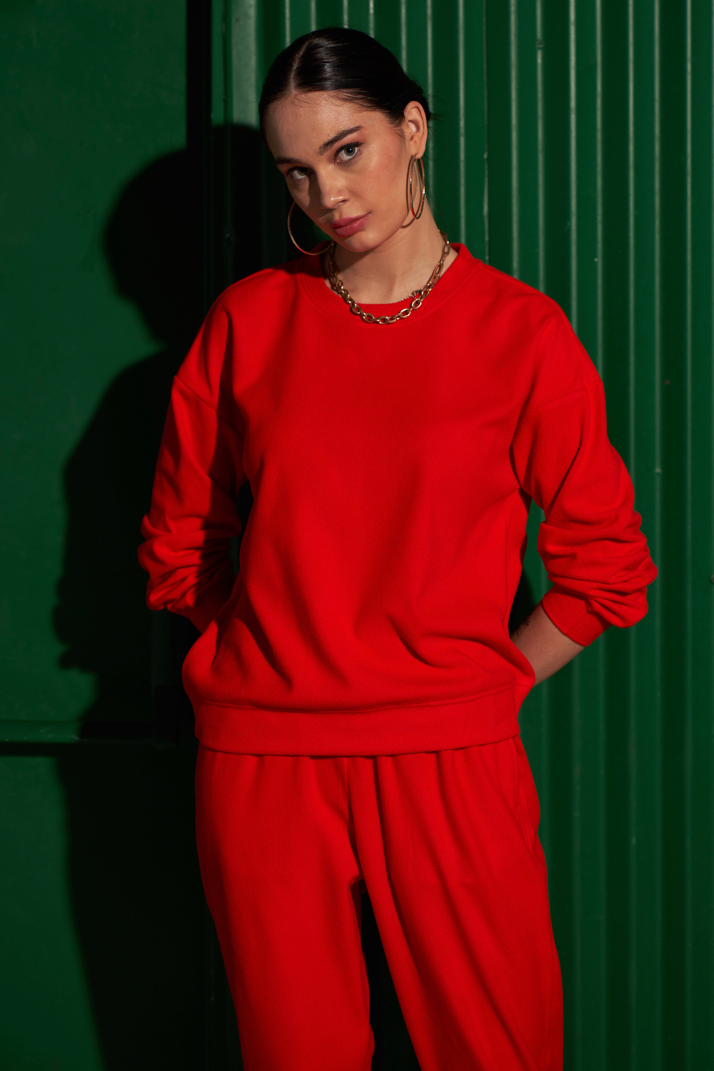 MATERIAL GIRL SOLID RED COLOR FLEECE SWEATSHIRT AND JOGGER PANTS WINTER CO-ORDINATE