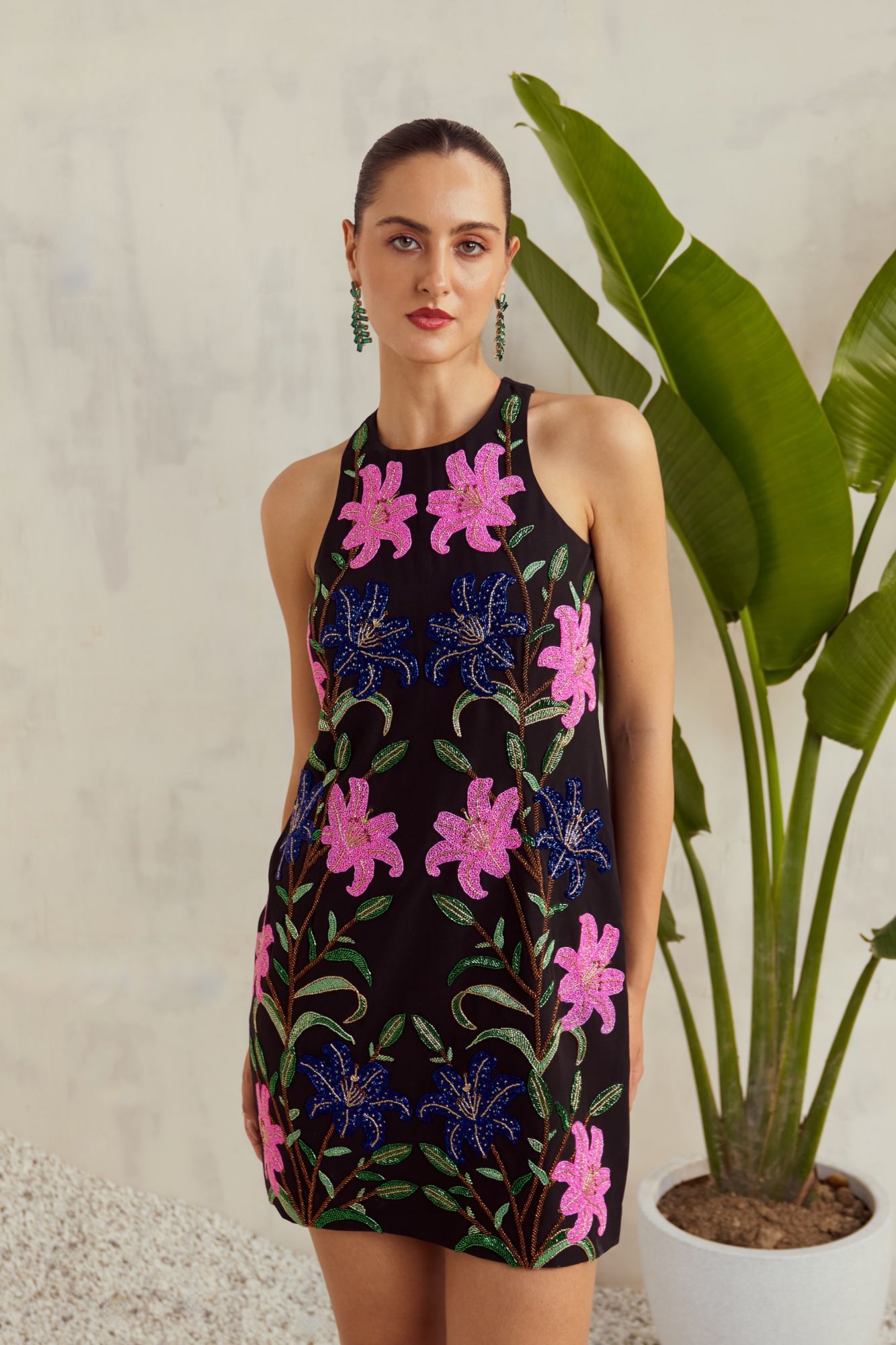 MALIBU-02 BLACK COCKTAIL DRESS WITH ALL OVER HAND EMBROIDERY