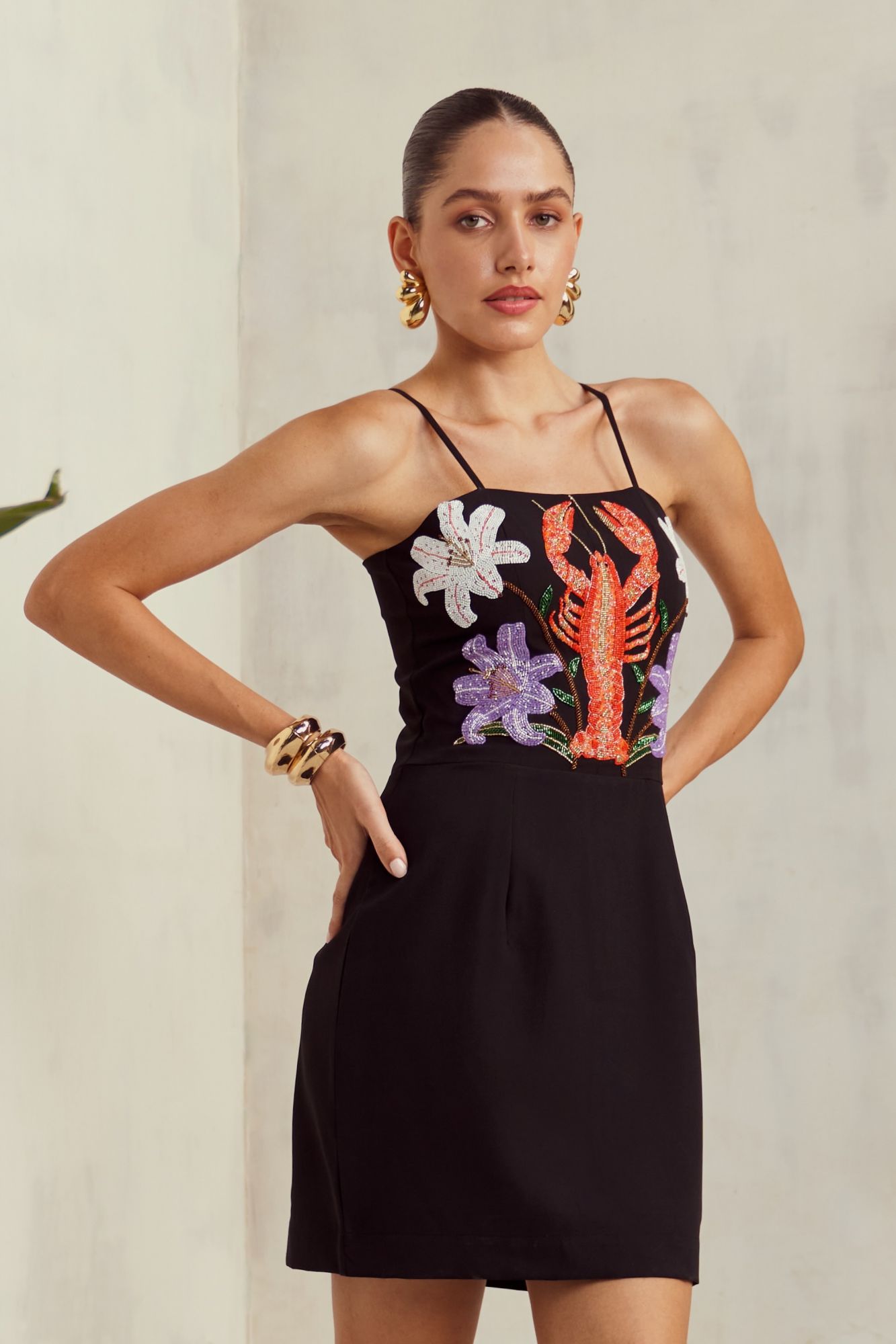 MALIBU-02 BLACK COCKTAIL DRESS WITH HAND CRAFTED LOBSTER EMBROIDERY