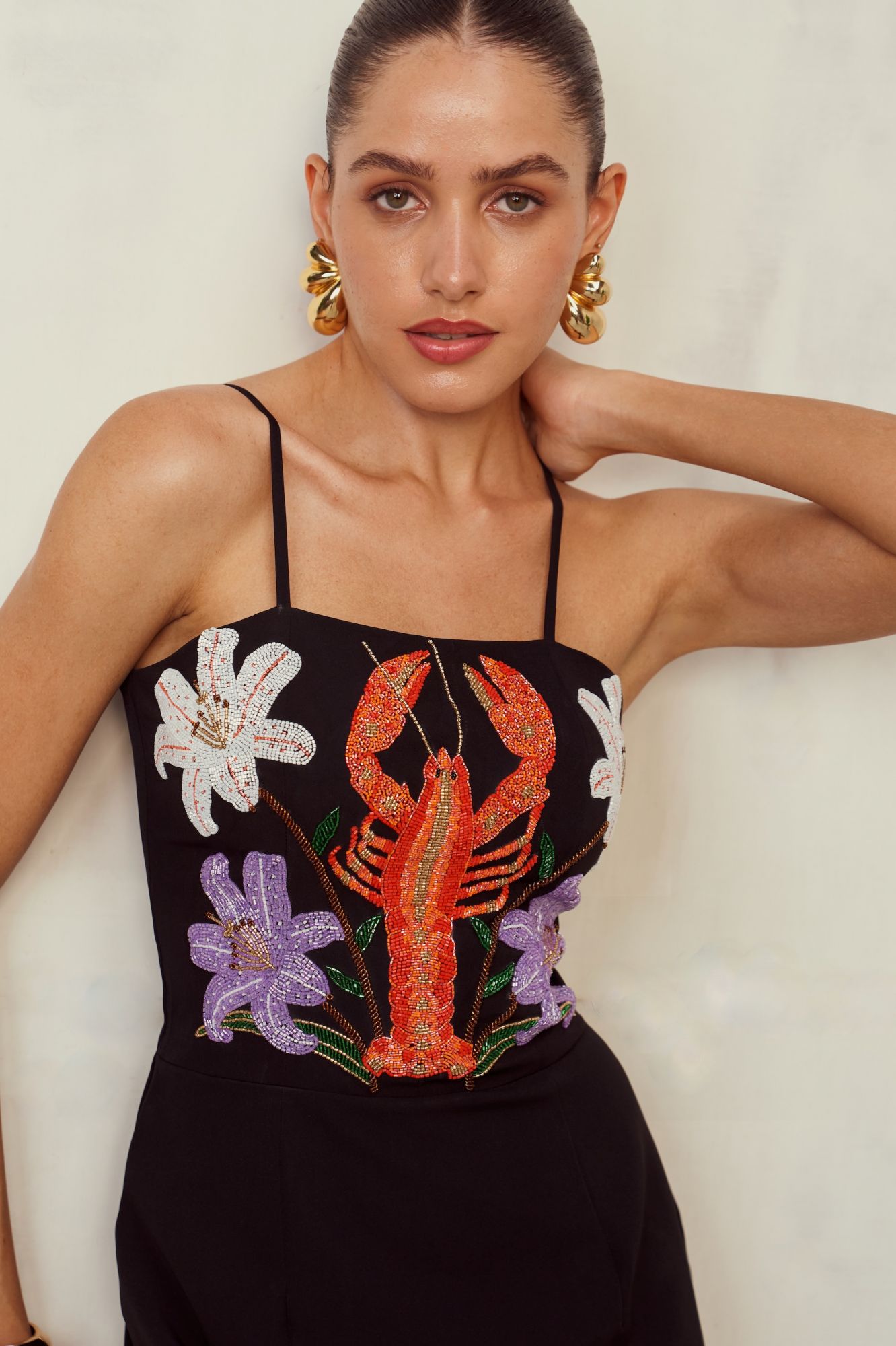 MALIBU-02 BLACK COCKTAIL DRESS WITH HAND CRAFTED LOBSTER EMBROIDERY