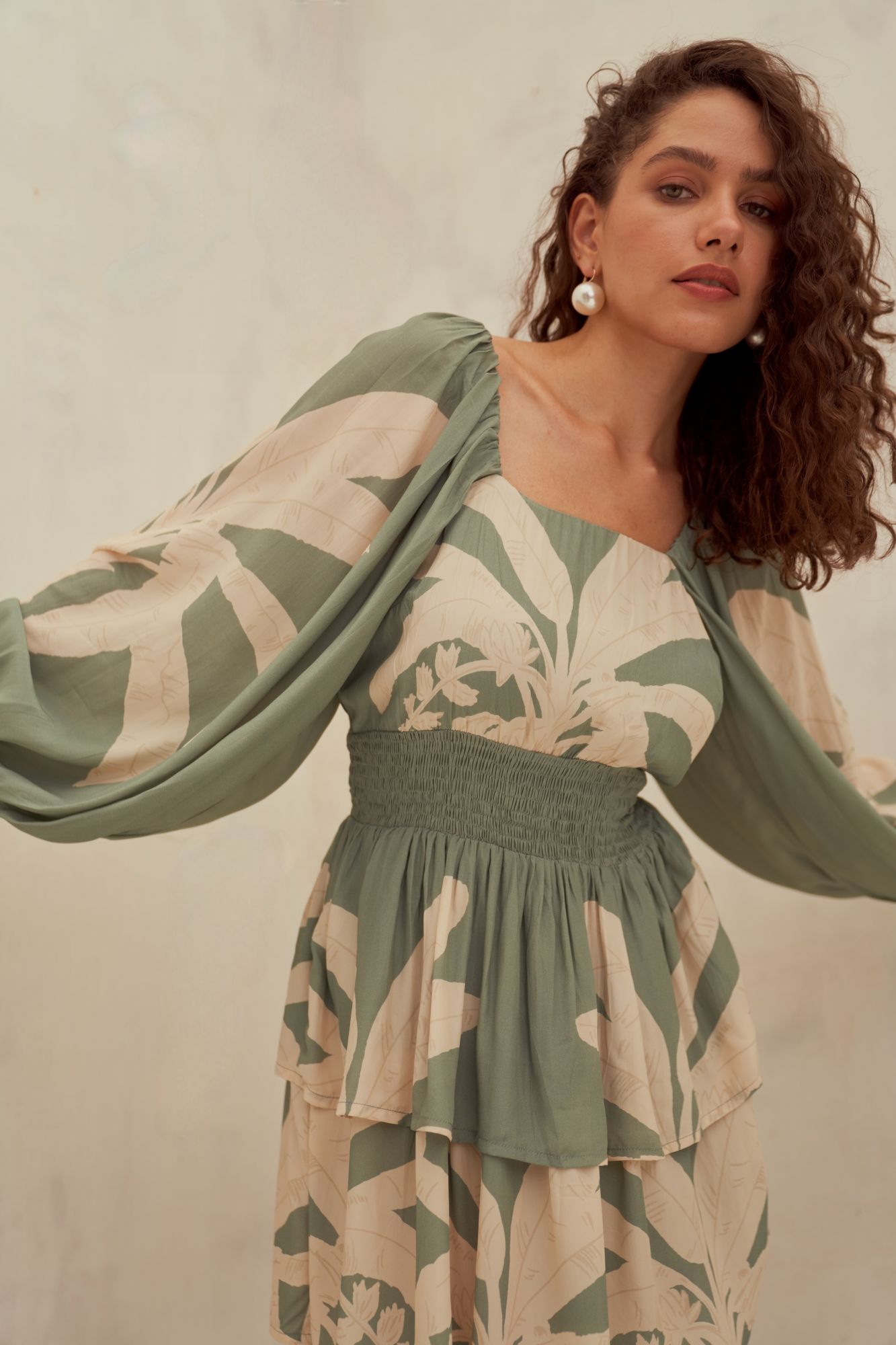 MALIBU-02 SAGE GREEN COLOR PRINT VISCOSE CREPE FABRIC SHORT LENGTH LAYERED DRESS