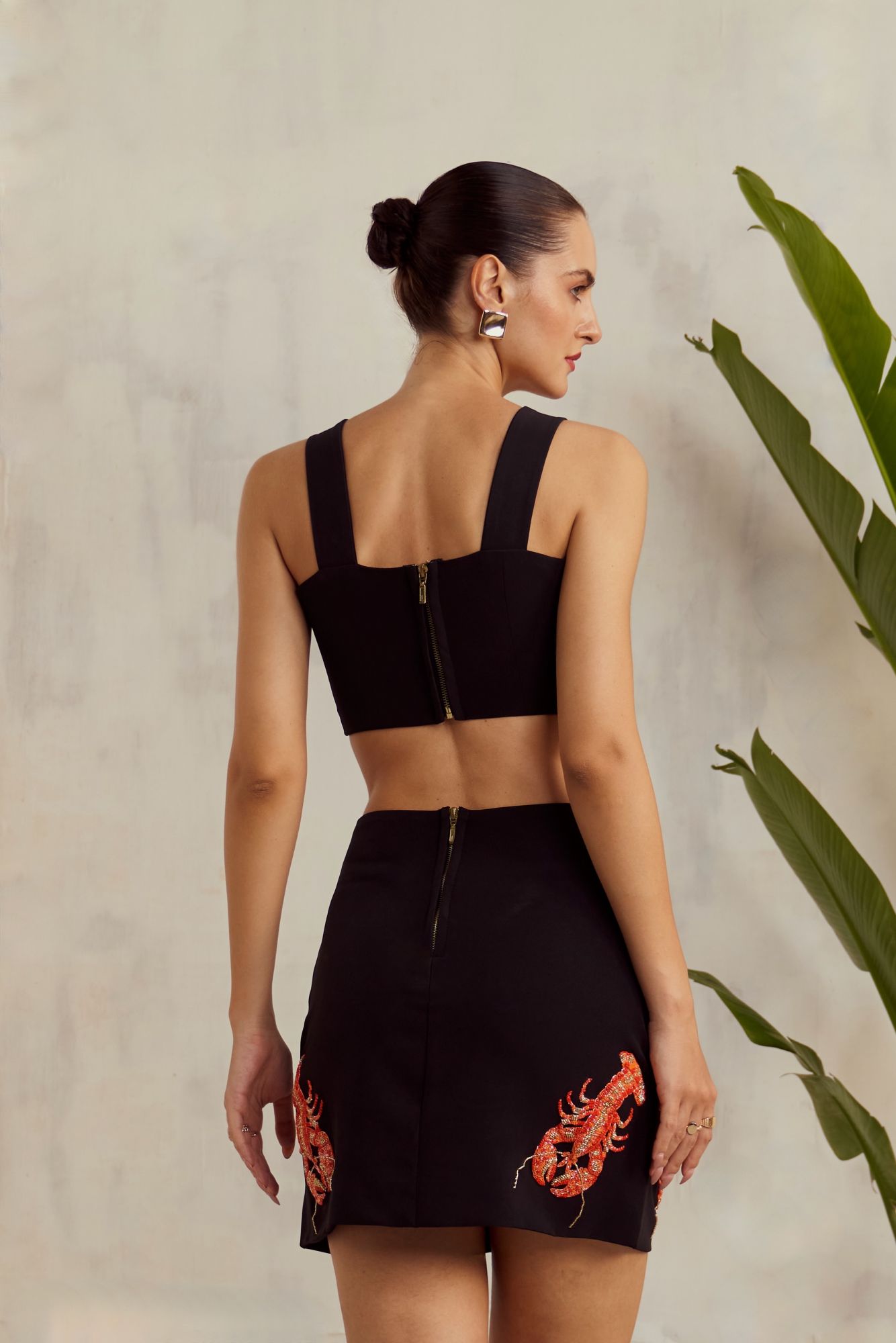 MALIBU-02 BLACK CROP TOP AND SKIRT CO-ORDINATE WITH LOBSTER MOTIF HAND EMBROIDERY ALL OVER