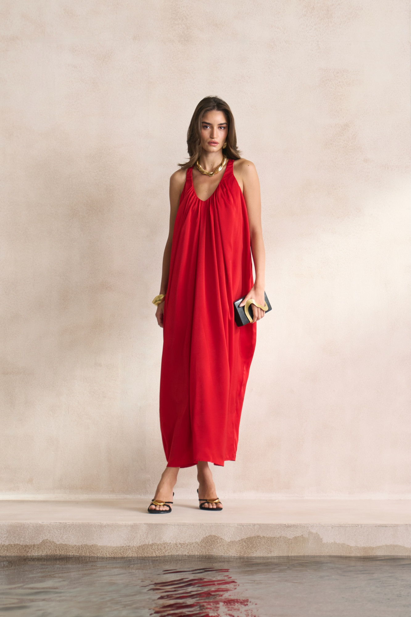 LEILA 03 SOLID RED COLOUR SOFT SATIN ANKLE LENGTH SLEEVELESS DRESS