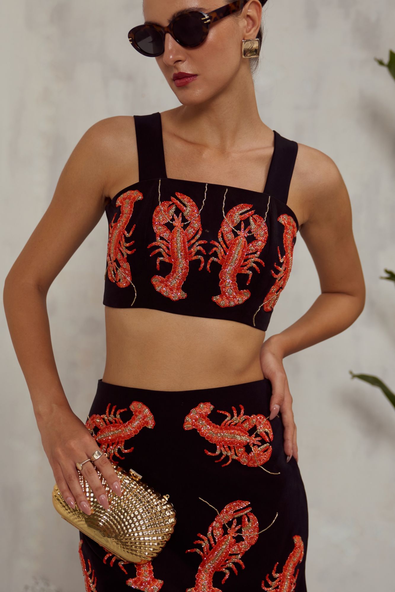 MALIBU-02 BLACK CROP TOP AND SKIRT CO-ORDINATE WITH LOBSTER MOTIF HAND EMBROIDERY ALL OVER